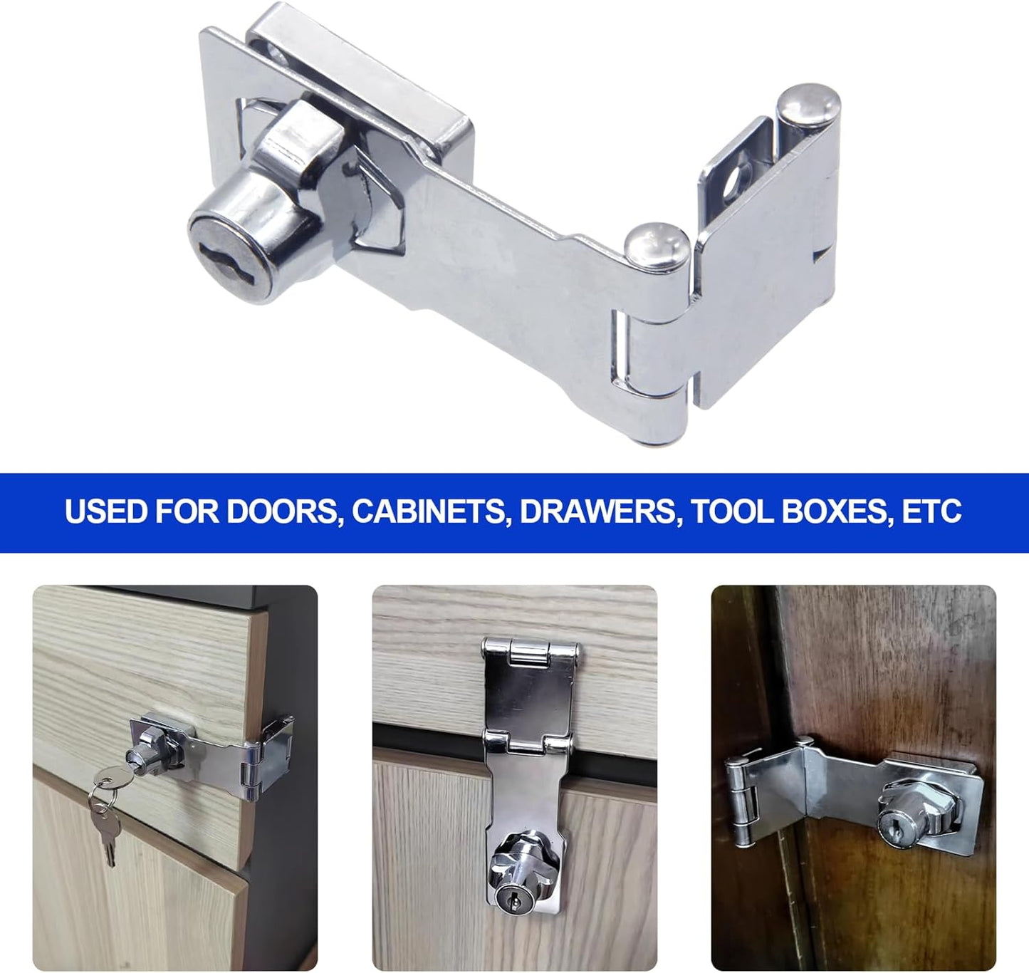 2 Pack Door Lock Hasp Latchs, Collapsible Solid 304 Stainless Steel File Cabinet Lock Desk Drawer Lock, for 90 Degree and 180 Degree Drawers, Dabinets, Doors, Flip Barn Door (Individual Key)