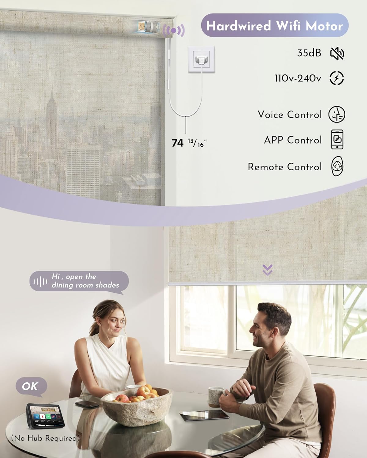 Graywind Motorized Semi Roller Shades Compatible with Alexa Google Hardwired WiFi Smart Light Filtering Remote Control Automated Blinds Electric Window Shade, Custom Size (Sheer Linen Beige)