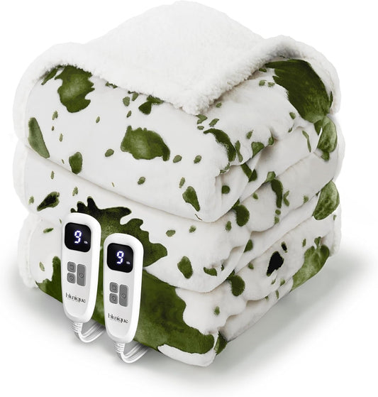 Cow Print Electric Heated Blanket Queen-Dual Control Heating Blanket Queen Size with 10 Heat Levels & 10 Hours Auto-Off, Cozy Soft Fleece Sherpa, Washable, 84x90 Inche Cow Print Sage