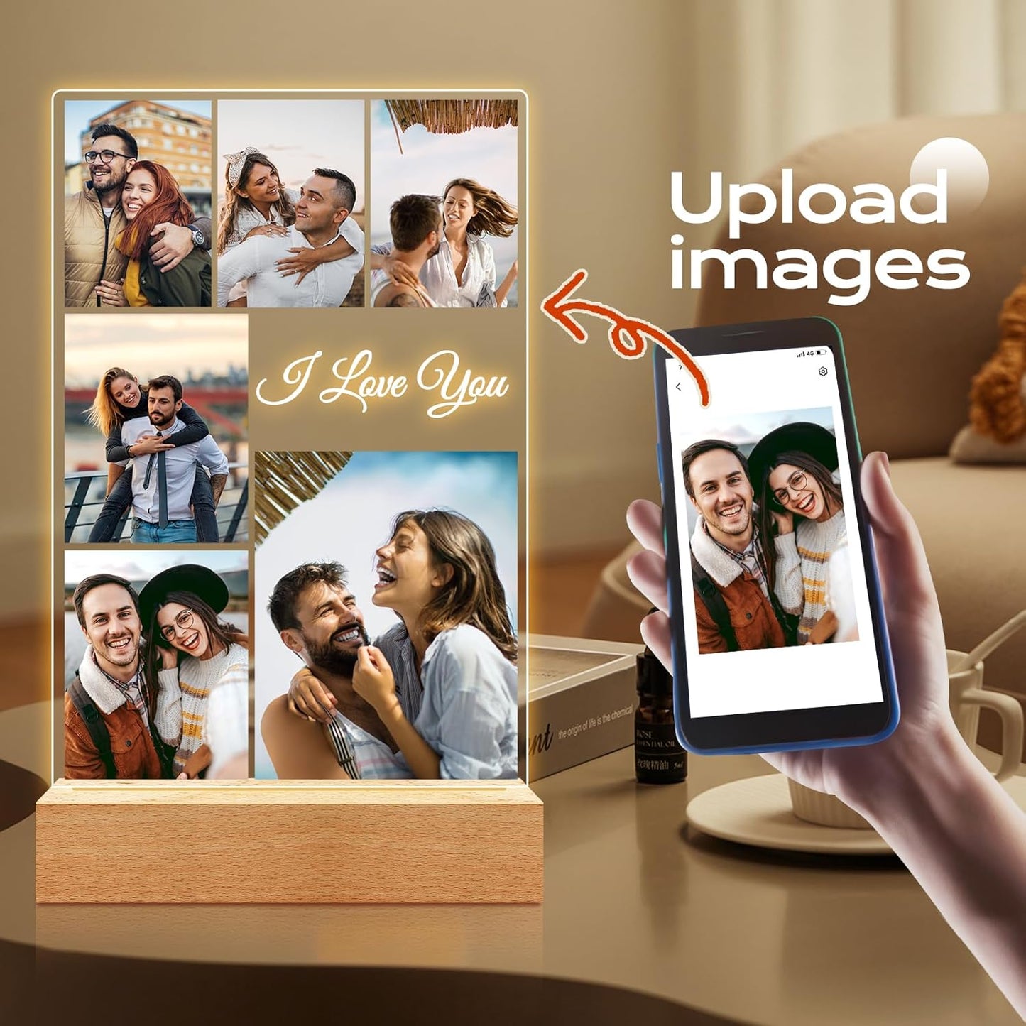 Custom Picture Frame with Photo, Customized Picture Frames with Night Light, Personalized Photo Frame, Personalized Anniversary Valentines Day Gifts for Women Men Her Him Couple