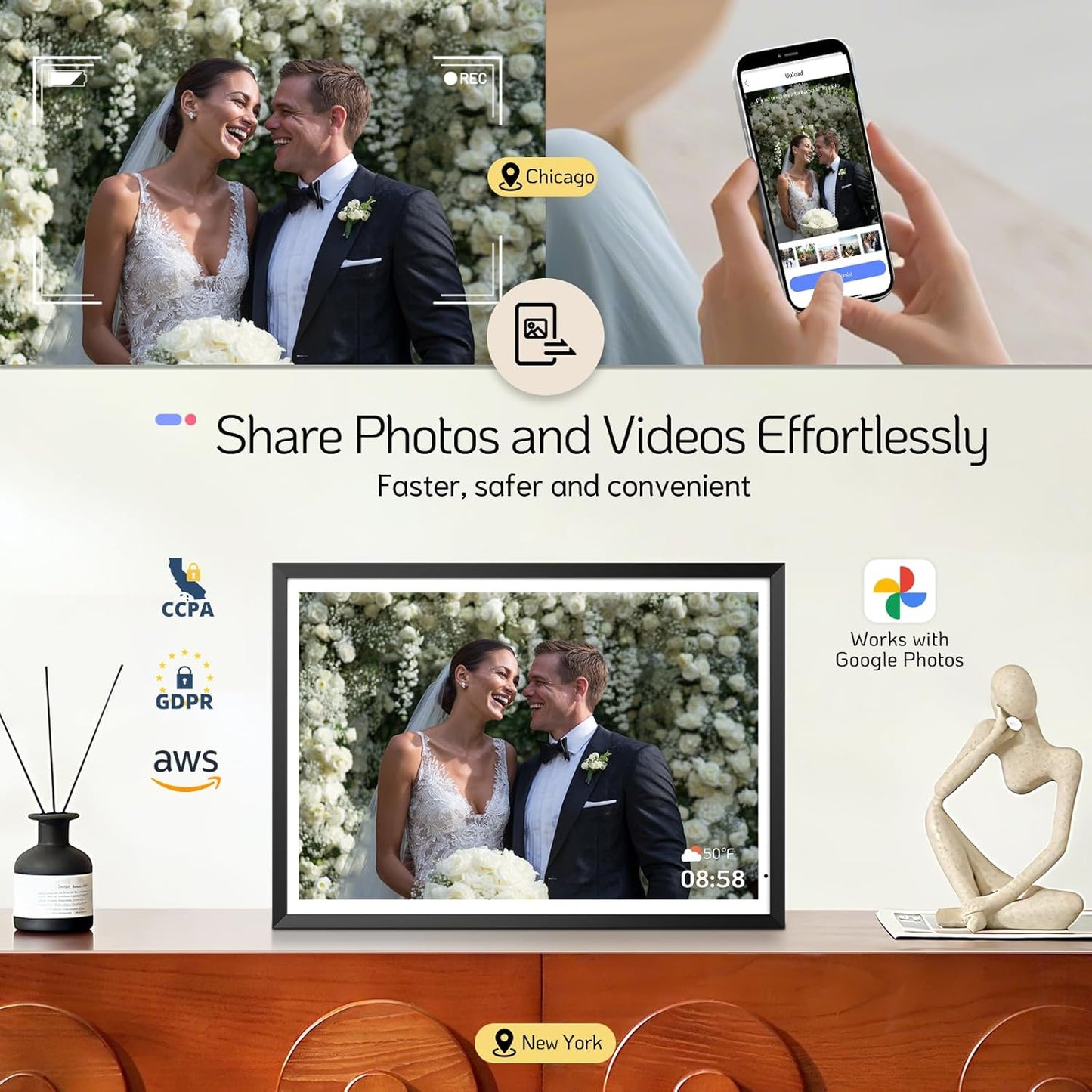 NexFoto 13.5" Digital Picture Frame 64GB, 3K Resolution Touchscreen Electronic Photo Frame, Add Pics from Google Photos, Share Photos/Videos via APP/USB, Unboxing Gift Mode, for Christmas/Mom, Black