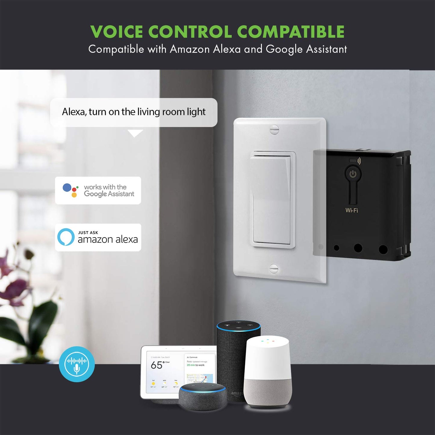 TOPGREENER Wi-Fi Relay Module, Hidden Smart Switch for Fans, Lights, Outlets, 120-240VAC, 10A, ETL Listed, TGWFRSM1, Black