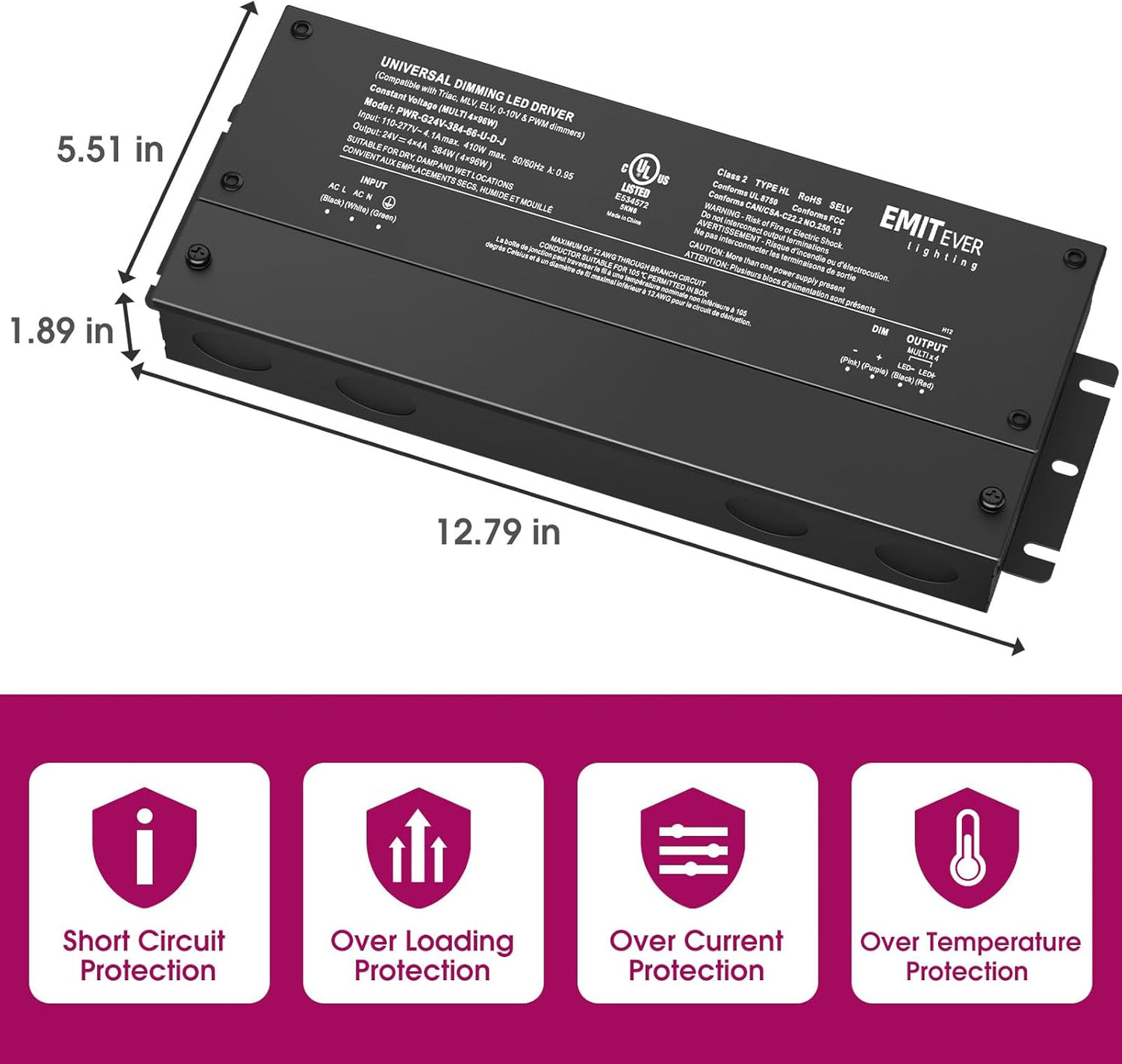EMITEVER 384W Dimmable LED Driver, 24V 5-in-1 Dimmable Power Supply,4-Channels AC to DC Transformer for LED Light, Compatible with Lutron and Leviton Dimmer, Waterproof IP67 and UL Listed, Class 2
