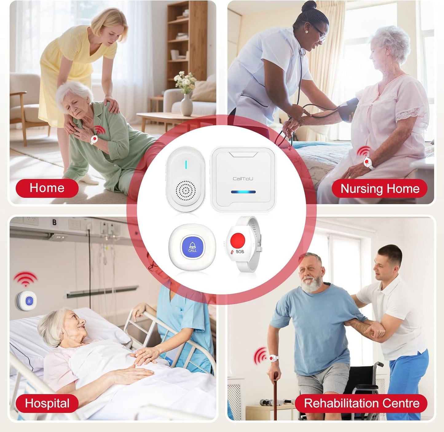 CallToU Caregiver Pager Wireless Call Button for Elderly, Medical Alert Systems for Seniors/Elderly Monitoring with 2 Call Bell, 500+Feet, 1 Plug-in Receiver+1 USB Receiver for Home Patients Emergency