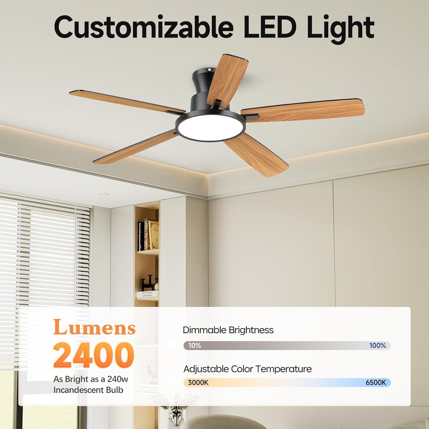 Ceiling Fans With Lights,52 Inch Smart Ceiling Fan, Remote/App Control, Compatible with Alexa/Google Assistant,Reversible,Dimmable,Adjustable Color Temperature,6 Speeds,Timer(Black)