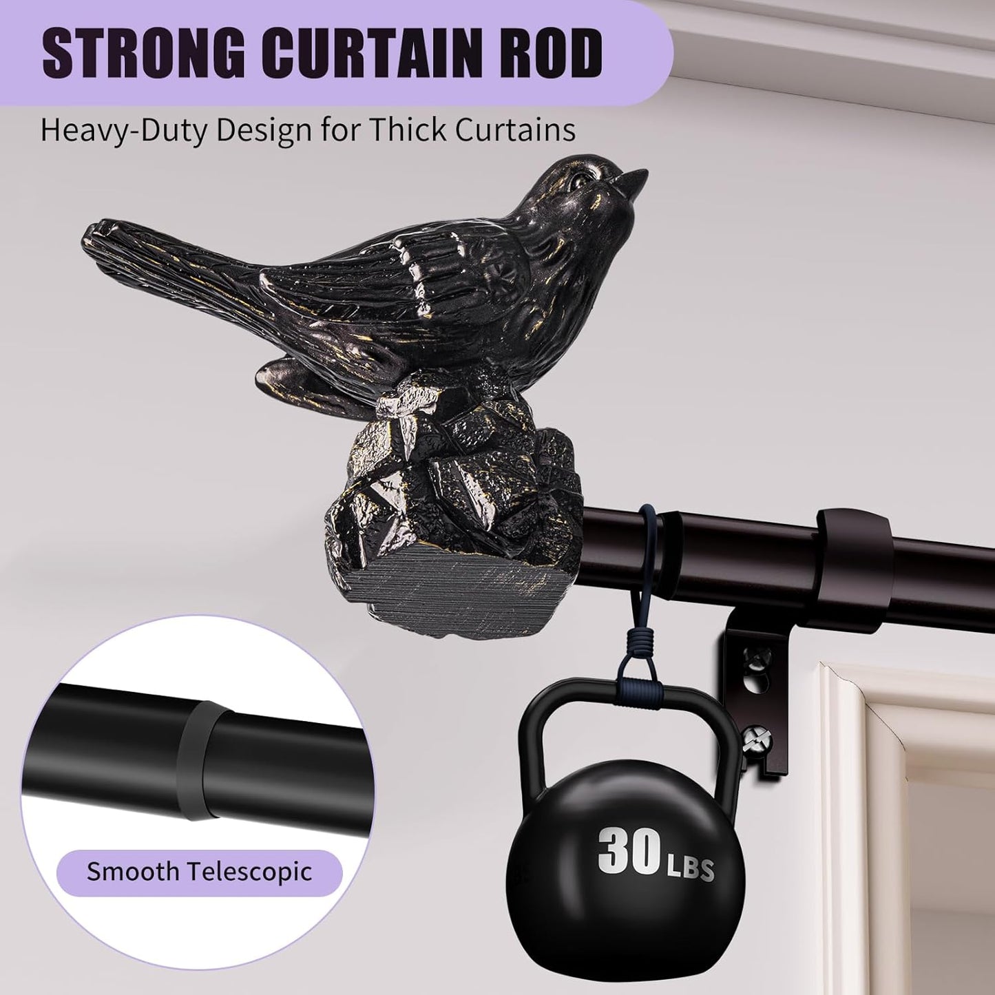 Curtain Rods 18 to 45 Inches Vintage Oil Bronze Curtain Rods for Windows Adjustable Drapery Rod with Bird Finials Heavy Duty Brown Curtains Rod for Kitchen Window Living Room