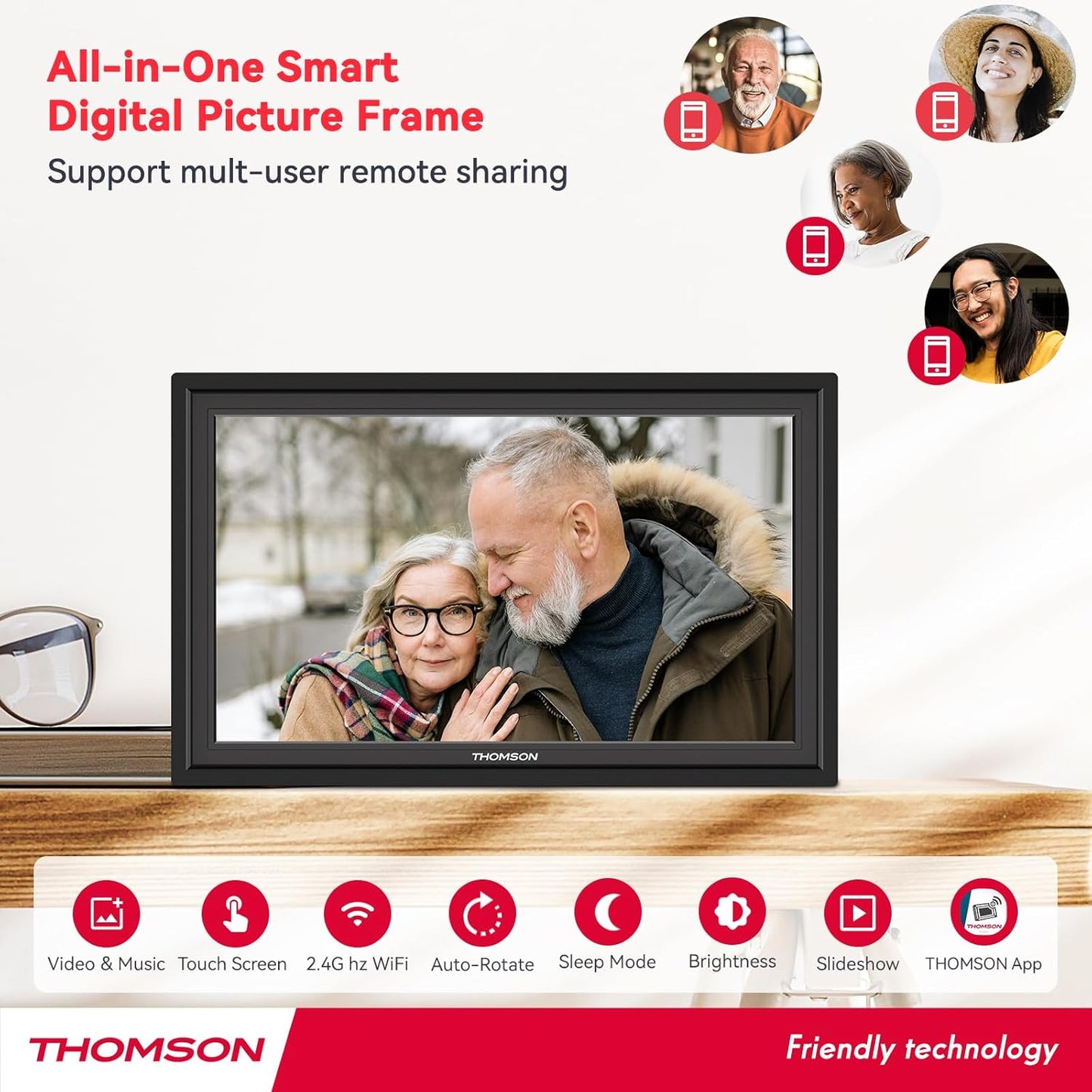 THOMSON Digital Picture Frame, Digital Photo Frame WiFi with 32 GB, HD IPS Touch Screen, Auto-Rotate, Slideshow, Share Photos/Videos from Phone by App (15.6Inch Black)
