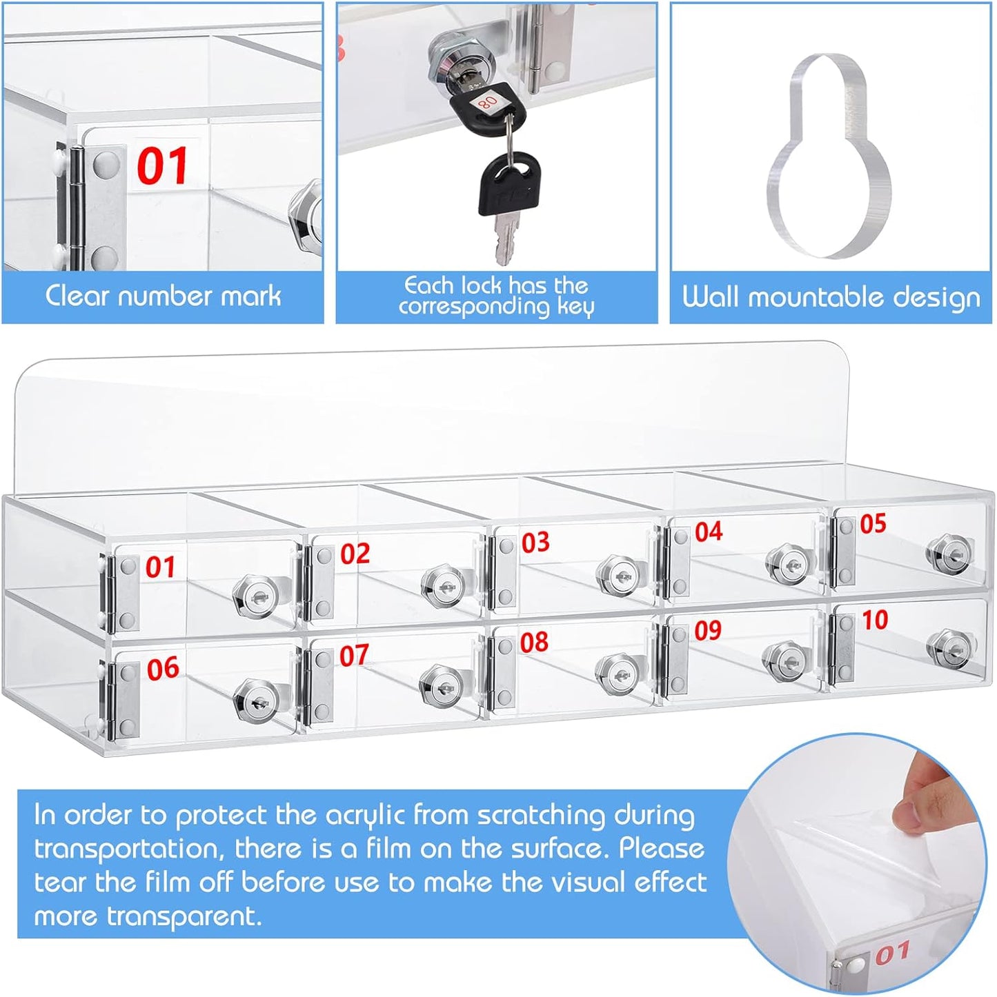 Threan Cell Phone Locker Box for Classroom with Door Locks and Keys Clear Acrylic Phone Jail Storage Cabinet Wall Mounted for School Factory Office (10 Slots)