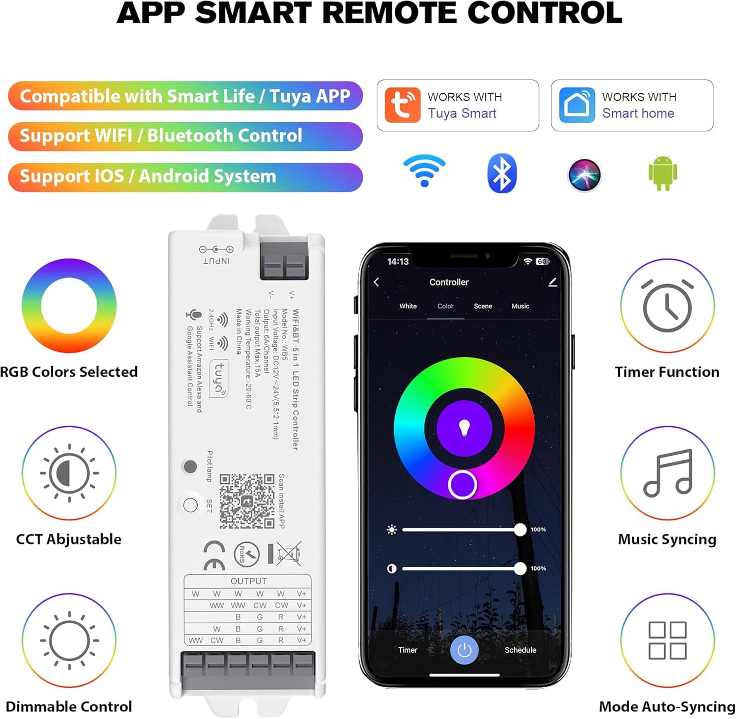 WB5 WiFi PWM 12V/24V LED Controller with RC03RFB RF Remote Control 4-Zone Group, RGB RGBW RGBCCT Strip Lights Controller Kit Compatible with Alexa Google Home Smart Life Tuya APP Control