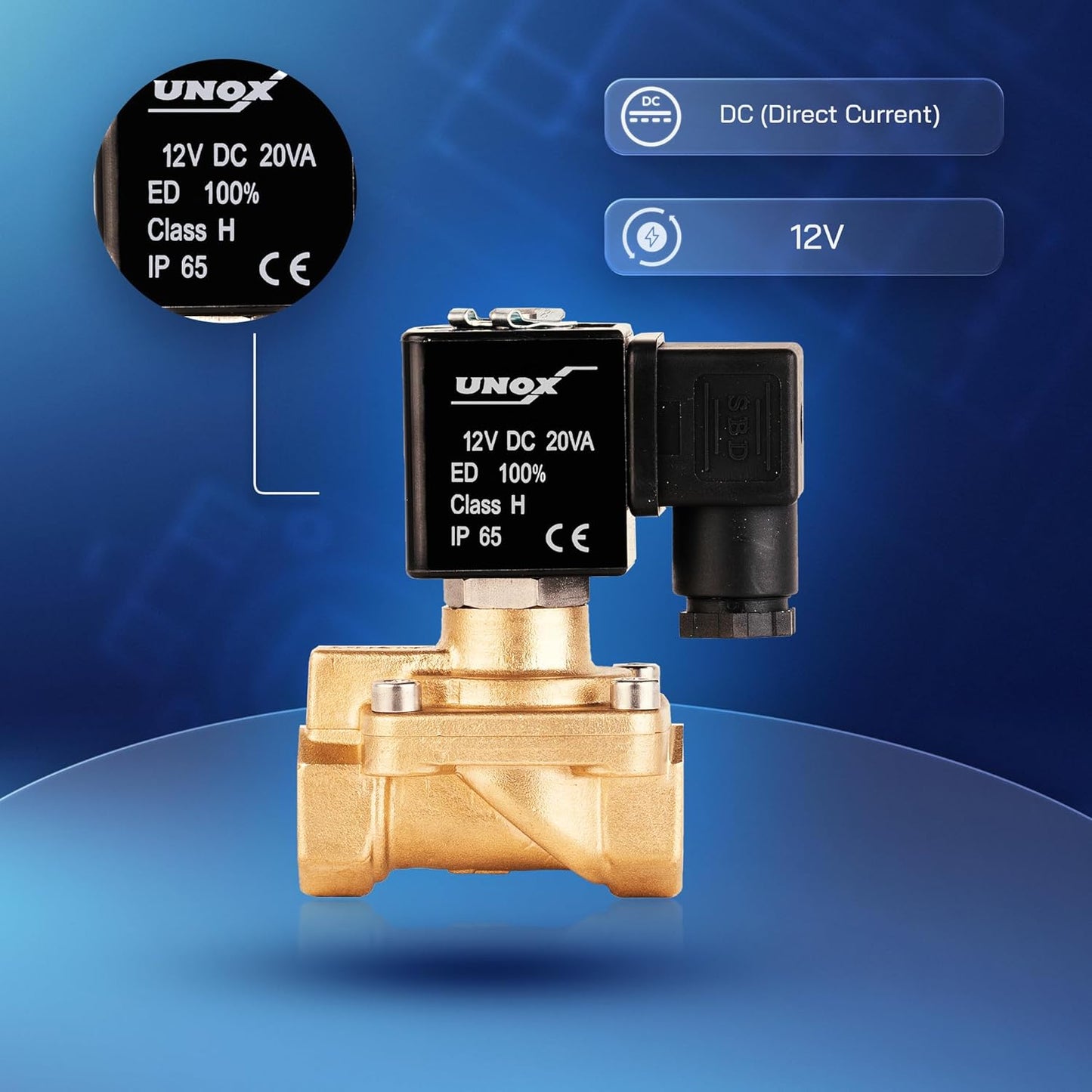UNOX 3/8" NPT Solenoid Valve 12V DC, Brass Control Valve Normally Closed - 7-232 PSI Multi-Purpose Reliable Control Valve for Water, Air, and Gas - Solenoid Valves