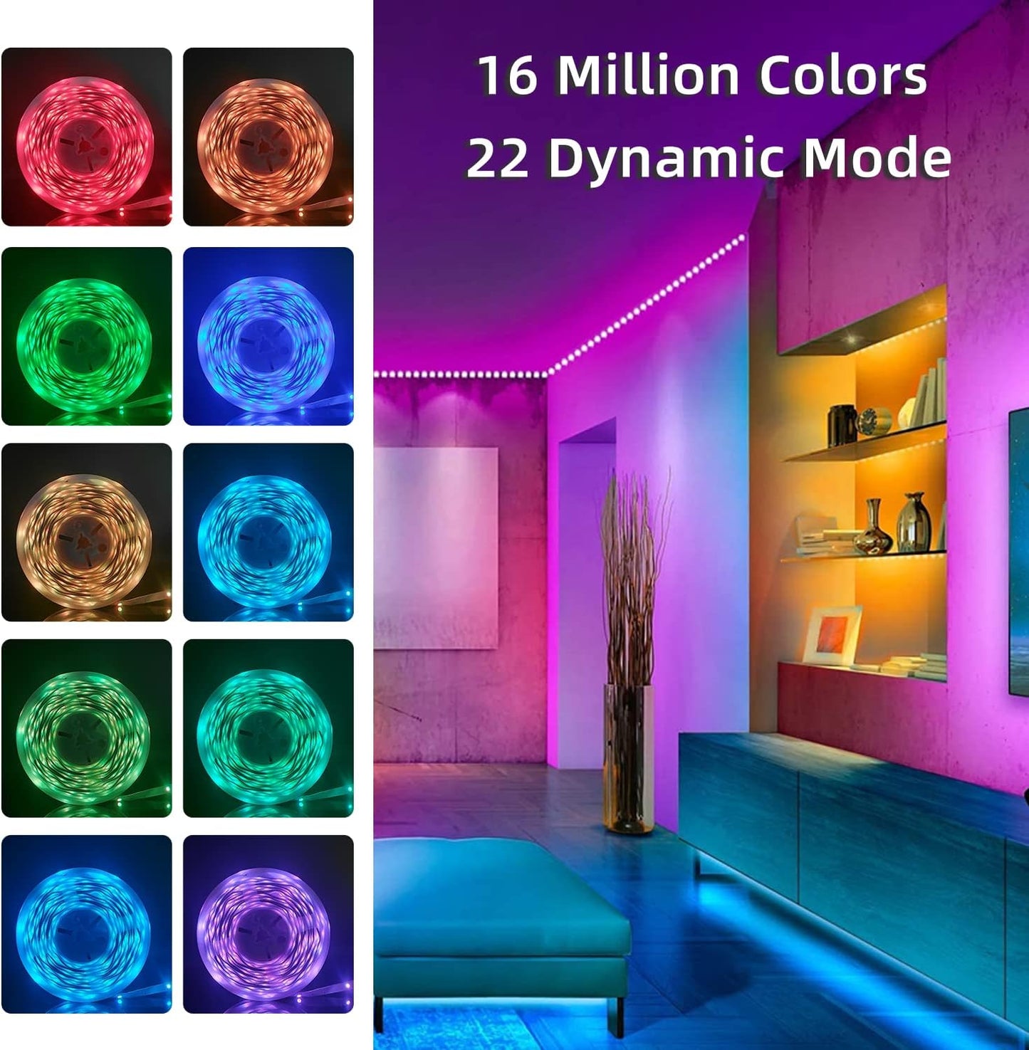 130Ft Led Strip Lights (2 Rolls of 65ft), Music RGB Color Changing,APP Control Strip Lights for Bedroom, Living Room, Kitchen, Party Decorationcontrol (Multi-Colored, 130FT)