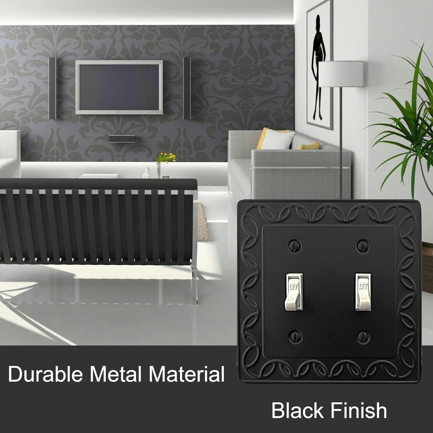 Double Toggle Light Switch Cover NovaBloom Metal Wall Plate, 2-Pack Black 2 Gang, Light Switch Cover Decorative Wallplate, Durable