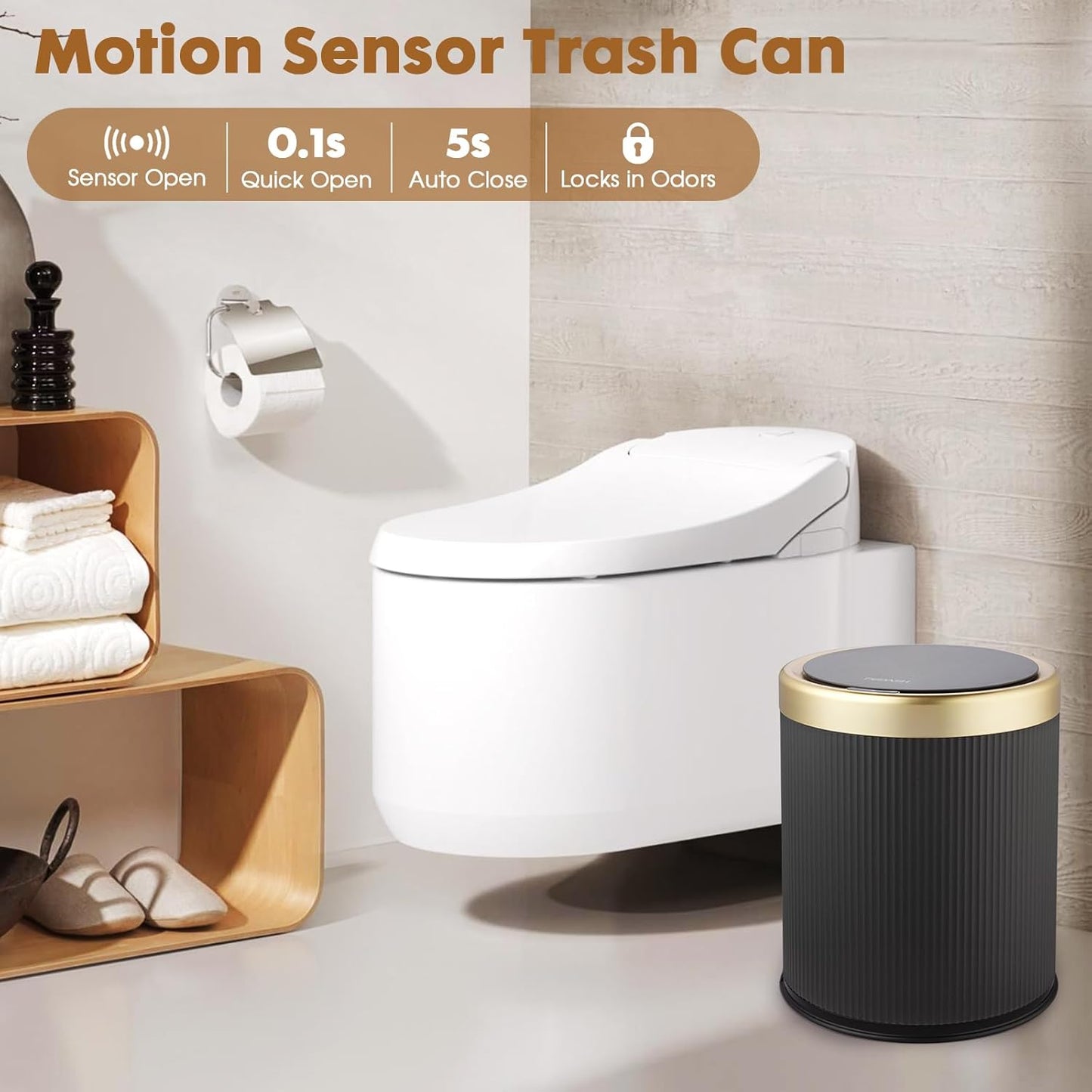 Smart Bathroom Trash Can Garbage Can with Lid, 2.8 Gallon Motion Sensor Trash Bin for Bathroom, Kitchen, Small Mini Trash Cans Black Automatic Diaper Trash Can-Dark Gray