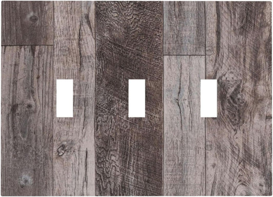 Decorative Switch Plates Rustic Dark Grey Wood Retro Country Wooden 3 Gang Wall Plate Triple Toggle Light Switch Cover Faceplate Electrical Wall Panels for Farmhouse Cabin Decor