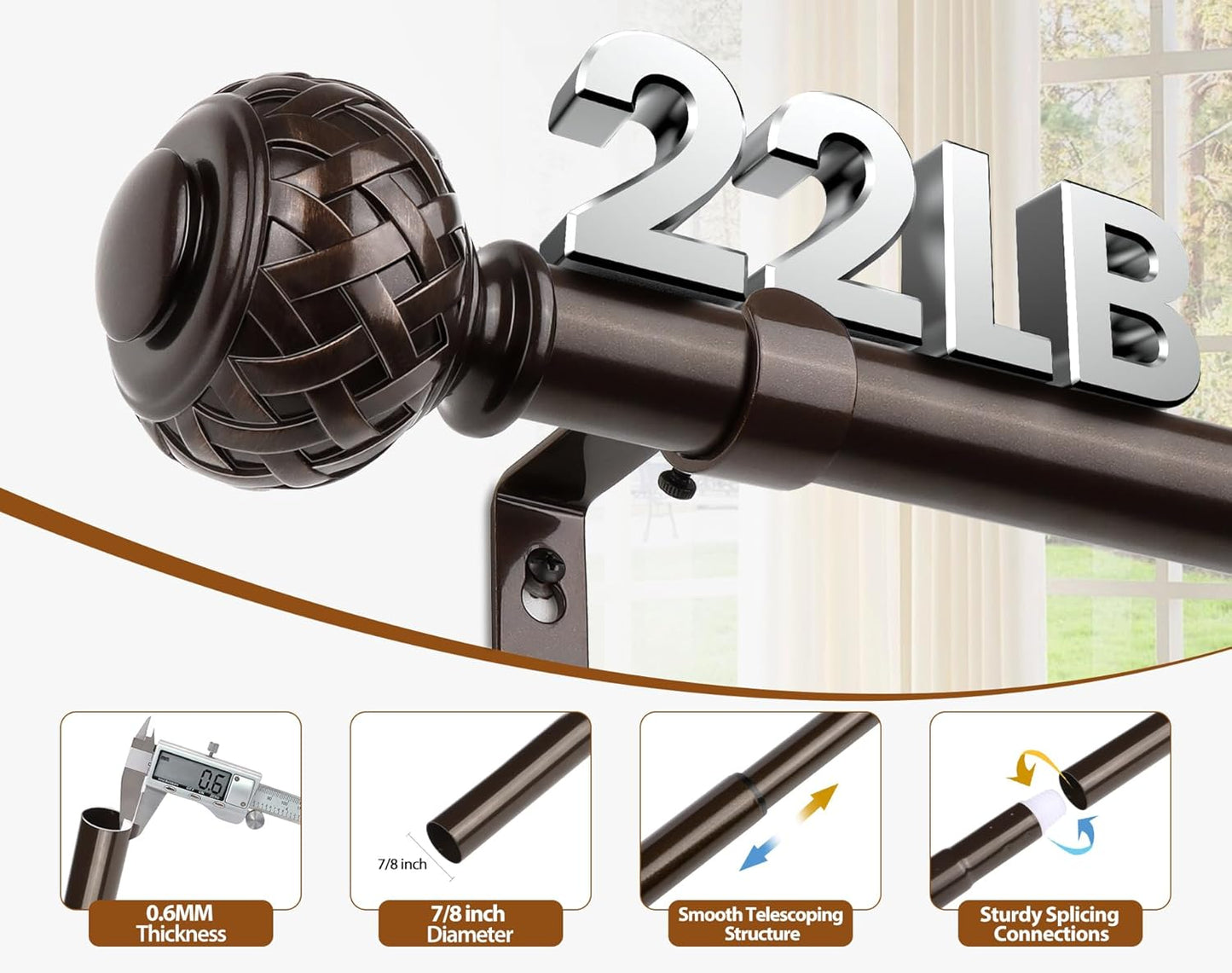 TONIAL Bronze Curtain Rod 32 to 43 Inches, 7/8 Adjustable Curtain Rods for Windows 20 to 39 Inches, Splicing Drapery Rods Heavy duty with Netted Texture Finials