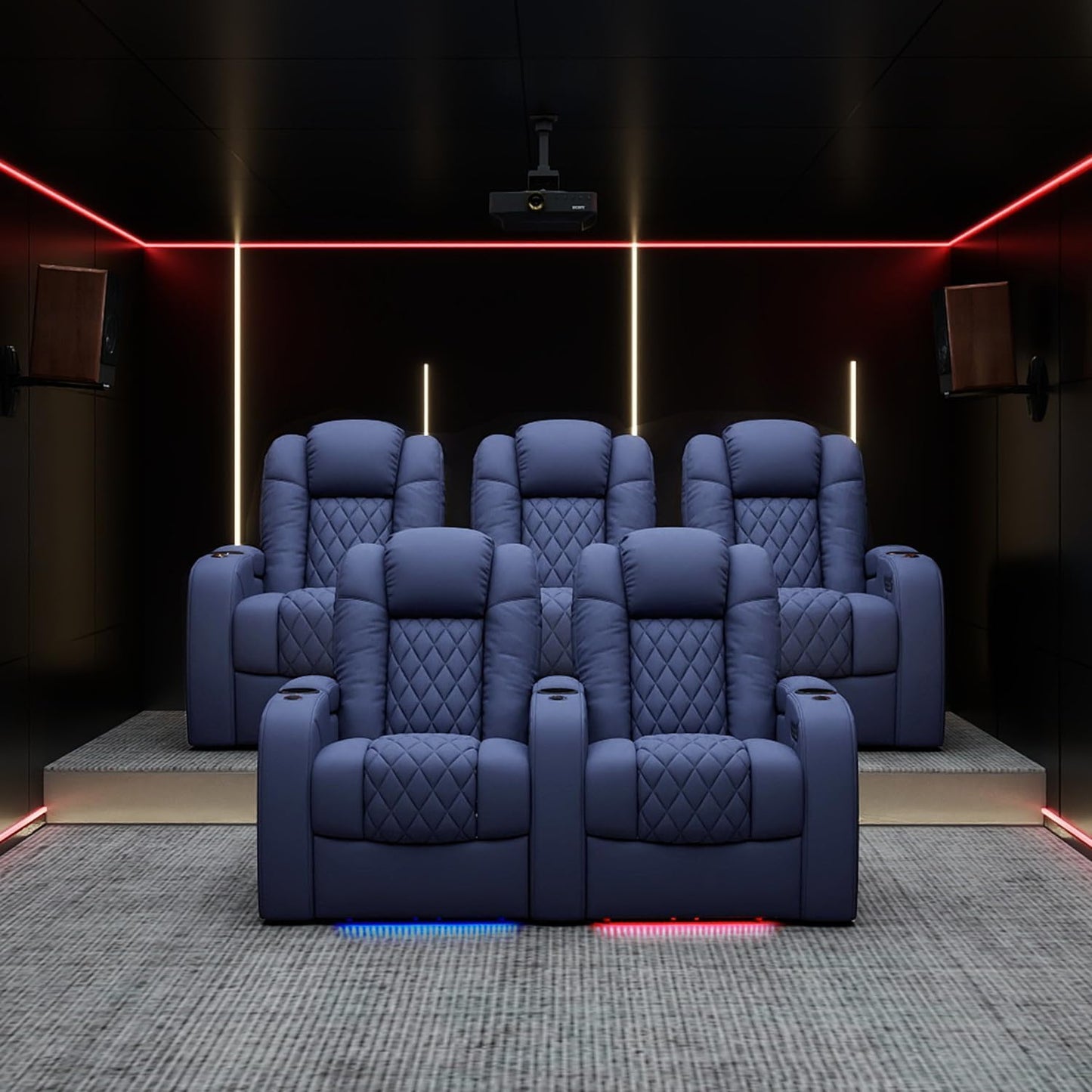 Weilianda Home Theater Seating Top Grain Leather Zero Gravity Recliner Chair Power Headrest Recline Movie Seat Gaming 7 Colors Mood Light Sofa with Tray Table USB Charge Row of 4 Loveseat Right Blue