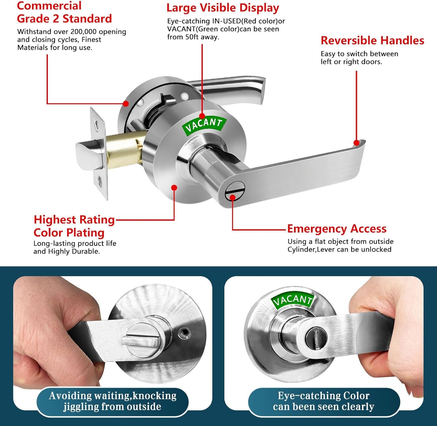 MissHoney Commercial Door Handle, Vacant Occupied Bathroom Lock Occupied Door Handle Bathroom Door Lock Privacy Indicator Lock Privacy Indicator Lock - in USE/Vacant Display (Satin Nickel)