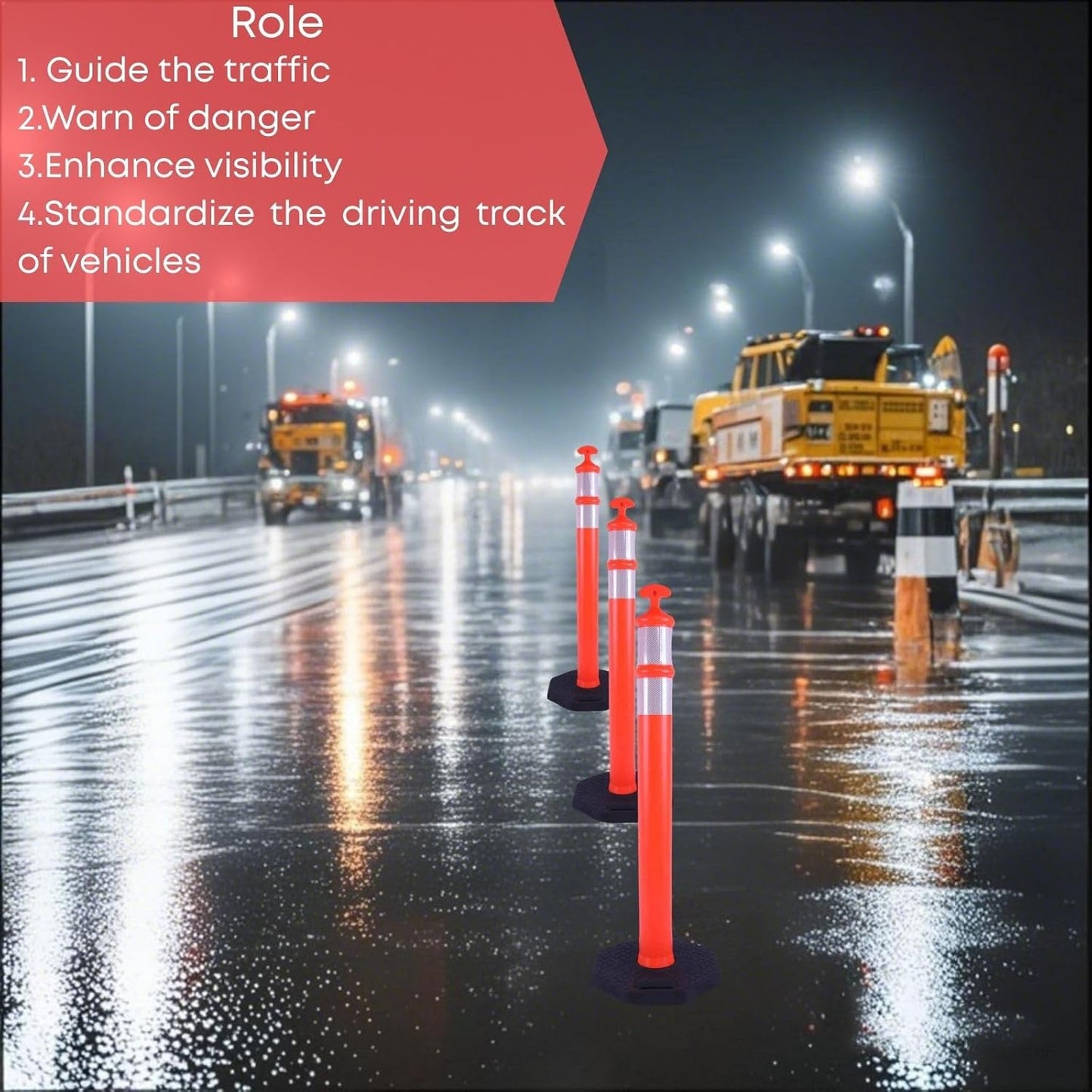 Reflective Rubber Base Traffic Delineator Post - Heavy-Duty Safety Bollards for Parking Lot Markers, Road Construction, Driveway Warning - with Reflective Strips (3 Pack - 45 Inch)