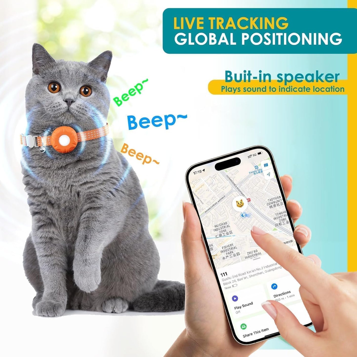 Cat Tracker,Pet Tracker for Cats Compatible with Apple Find My App(Only iOS),Waterproof Tracker Cat Collar with Safety Elastic Buckle,No Monthly Fee,Works with Any Collar (Orange)