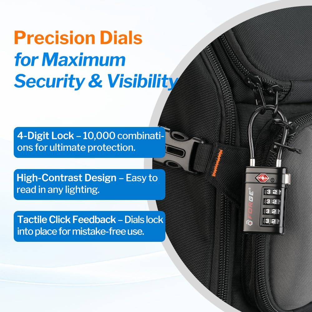 Forge TSA Approved Luggage Locks 4 Digit Combination TSA Travel Locks with TSA008, Open Alert Indicator, Zinc Alloy Body for Luggage, Suitcase, Backpack, and More. 1 Black Lock.