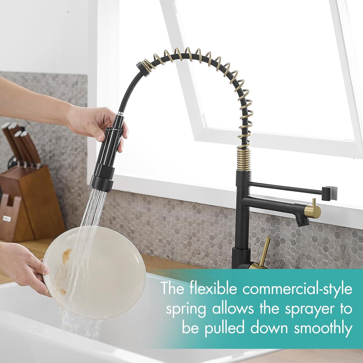 AIMADI Kitchen Faucet,Black and Gold Kitchen Faucet with Sprayer,Commercial Style Matte Black Single Handle Single Hole Kitchen Sink Faucet