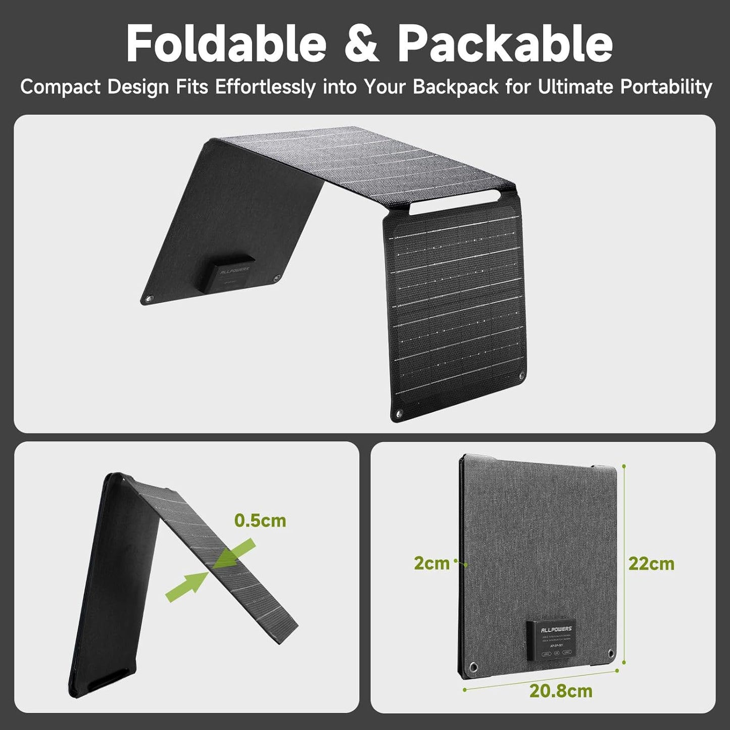 ALLPOWERS SP001 21W Portable Solar Panel Charger, High-Efficiency 22-25% Folding Solar Panel for Camping, RV, Home, and Outdoor Use with Dual USB Outputs（SP001-21W