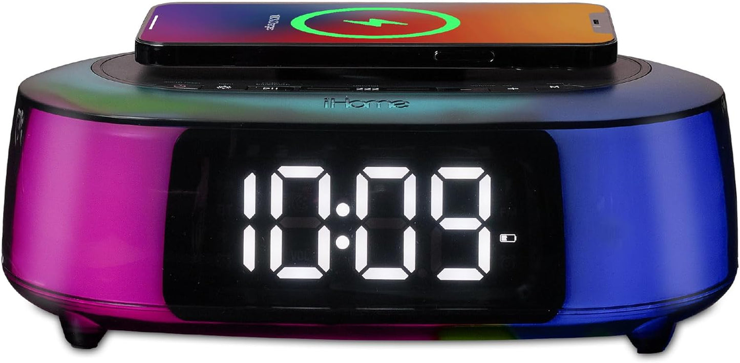 iHome Alarm Clock Radio with Qi2 Magnetic Wireless Charger, Bluetooth Speaker, and 2 USB Chargers (iBTW282)