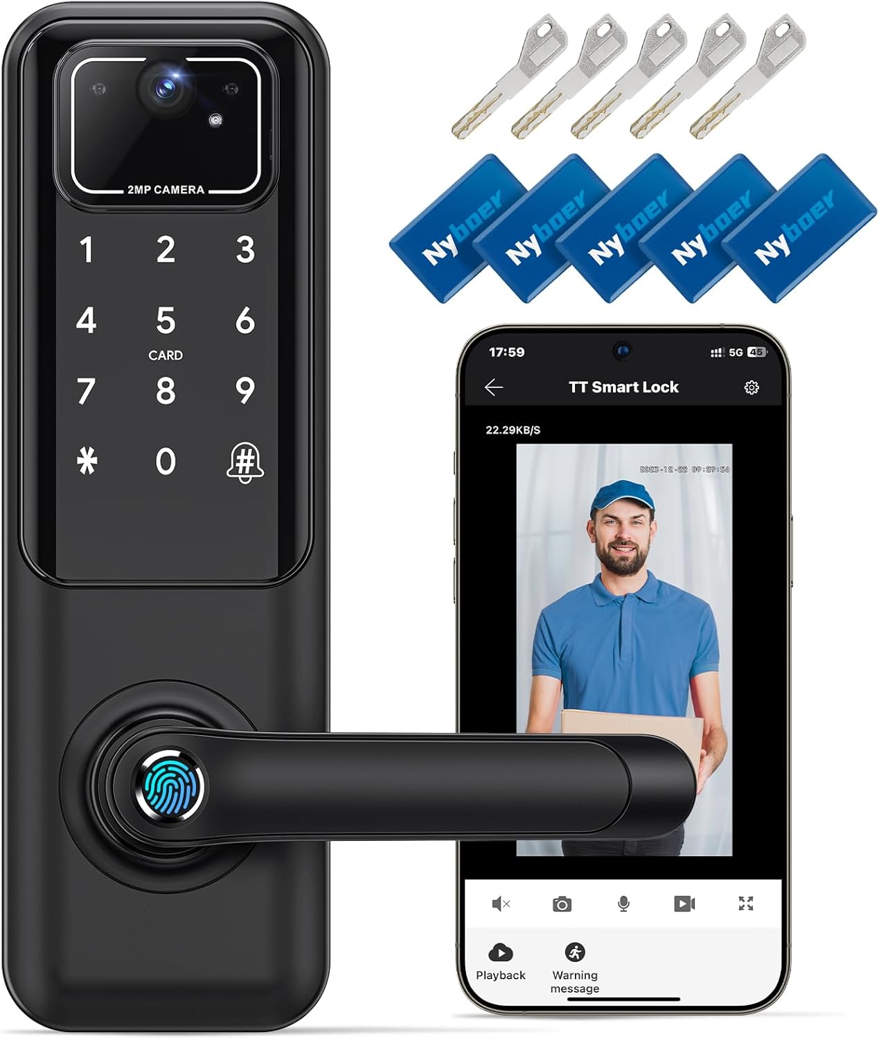 WiFi Video Smart Door Lock with Camera & Doorbell, Keyless Entry Fingerprint Lock with Handle for Front Door, Nyboer Keypad Electronic Digital with Rechargeable Lithium Battery, Easy Installation