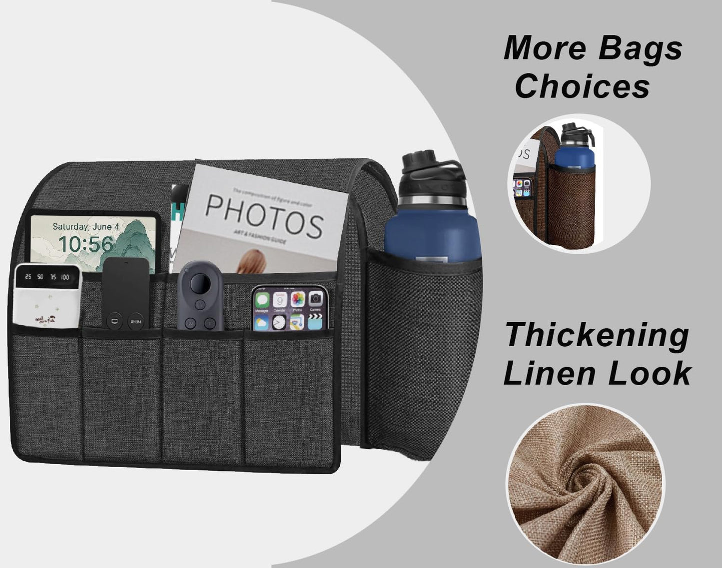 Ntomtuex Sofa Armchair Caddy Remote Control Holder with Water Bottle for Couch Recliner, Armrest Organizer with 7-Pocket Design for Magazines, Eyeglasses, iPad, Phone, Grey