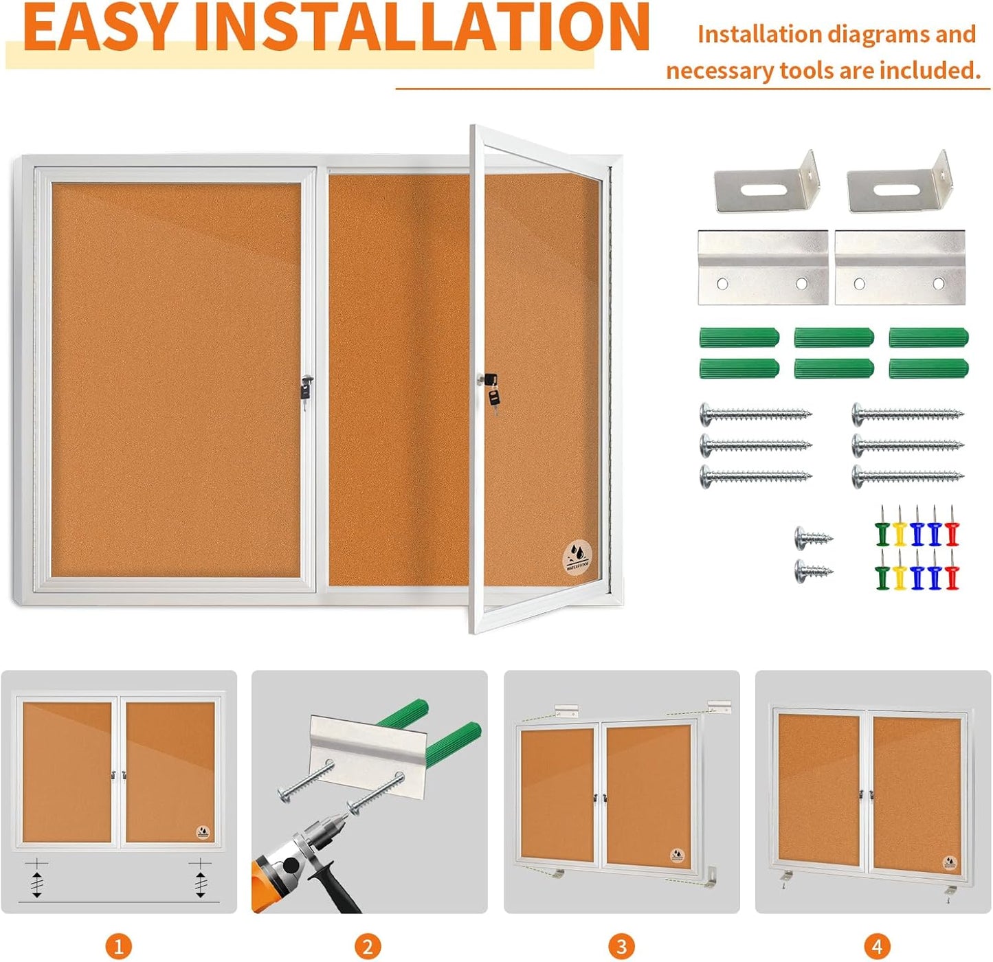 Lockable Outdoor Enclosed Bulletin Board, Weatherproof Cork Noticeboard with Locking Door, Wall-Mounted Aluminum Framed Display Case for Messages (Silver Frame & Cork, 44x32 in)
