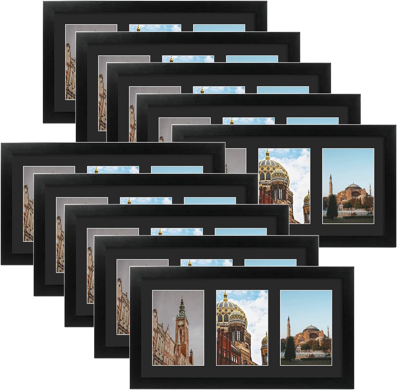 Golden State Art, Set of 10, 9x18 Black Wood Frame - Black Mat for Three 5x7 Pictures - Sawtooth Hangers- Swivel Tabs - Wall Mounting - Landscape/Portrait - Real Glass - Collage Frame