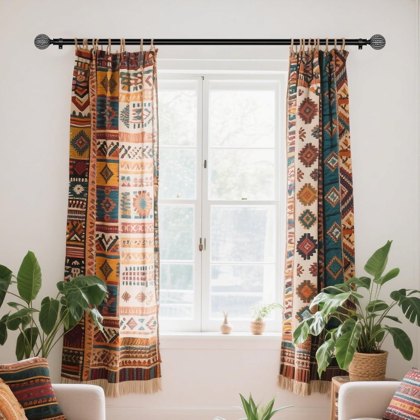 KAMANINA Wood Curtain Rods for Windows 32 to 58 Inch(2.6-4.8ft), 1 Inch Adjustable Drapery Rod, Decorative Heavy Duty Curtain Rods with Leaf Pattern Finials, Black