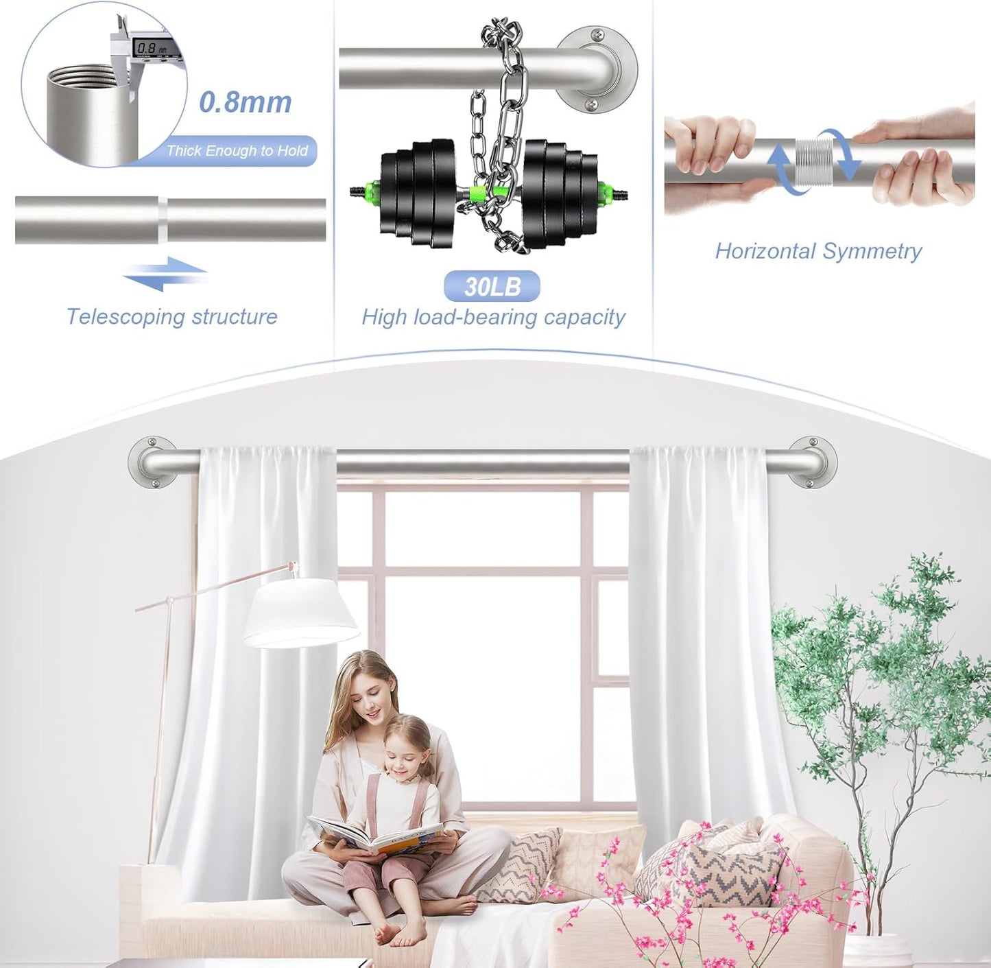 Nickel Wrap Around Curtain Rods 36 to 72 In:Blackout Heavy duty Adjustable Window Curtain Rod for Bedroom,Industrial Darkening Curved French Metal Single Drapery Rods Easy Install,Satin Nickel