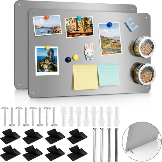 ARVOK 2 Pack Silver Magnetic Board 17.1" x 11.8", Metal Magnet Bulletin Board for Wall, Refrigerator, Cabinet, Display Notes, Photos, Poetry, Includes 8 Screws & 8 Dual Lock Tapes, 4 Support Screws