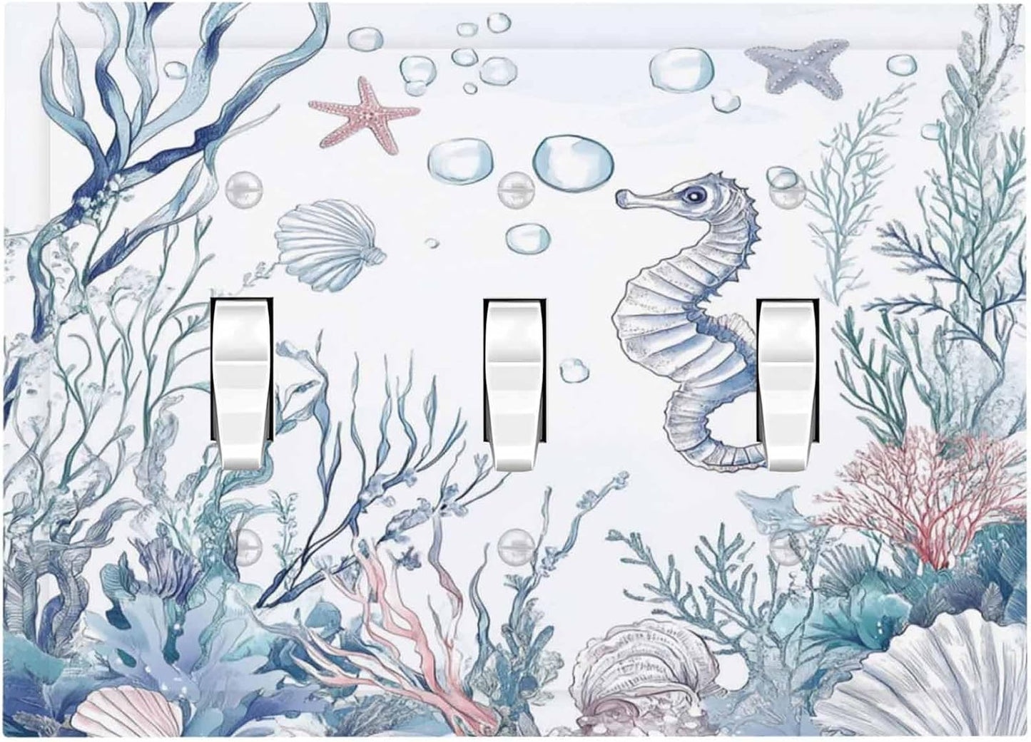 Decorative Switch Plates Ocean Coral Seahorse Seashell Starfish 3 Gang Wall Plate Triple Toggle Light Switch Cover Faceplate Electrical Wall Panels For Bathroom Home Decor
