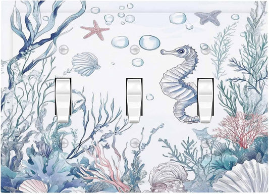 Decorative Switch Plates Ocean Coral Seahorse Seashell Starfish 3 Gang Wall Plate Triple Toggle Light Switch Cover Faceplate Electrical Wall Panels For Bathroom Home Decor