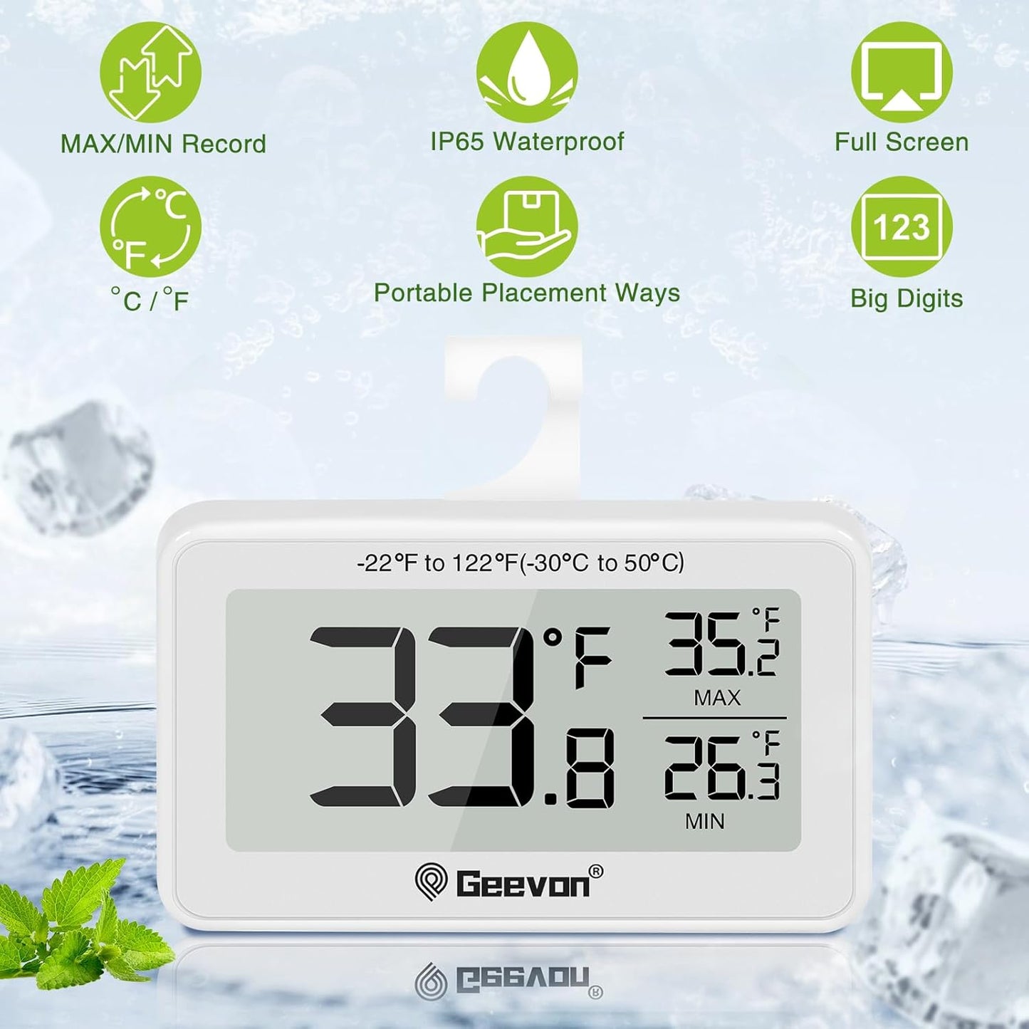 Geevon 2 Pack Refrigerator Thermometer Digital Fridge Thermometer IP65 Waterproof with Large LCD Display,Max/Min Record Function,Magnetic Back,for Fridge,Freezer Scenarios