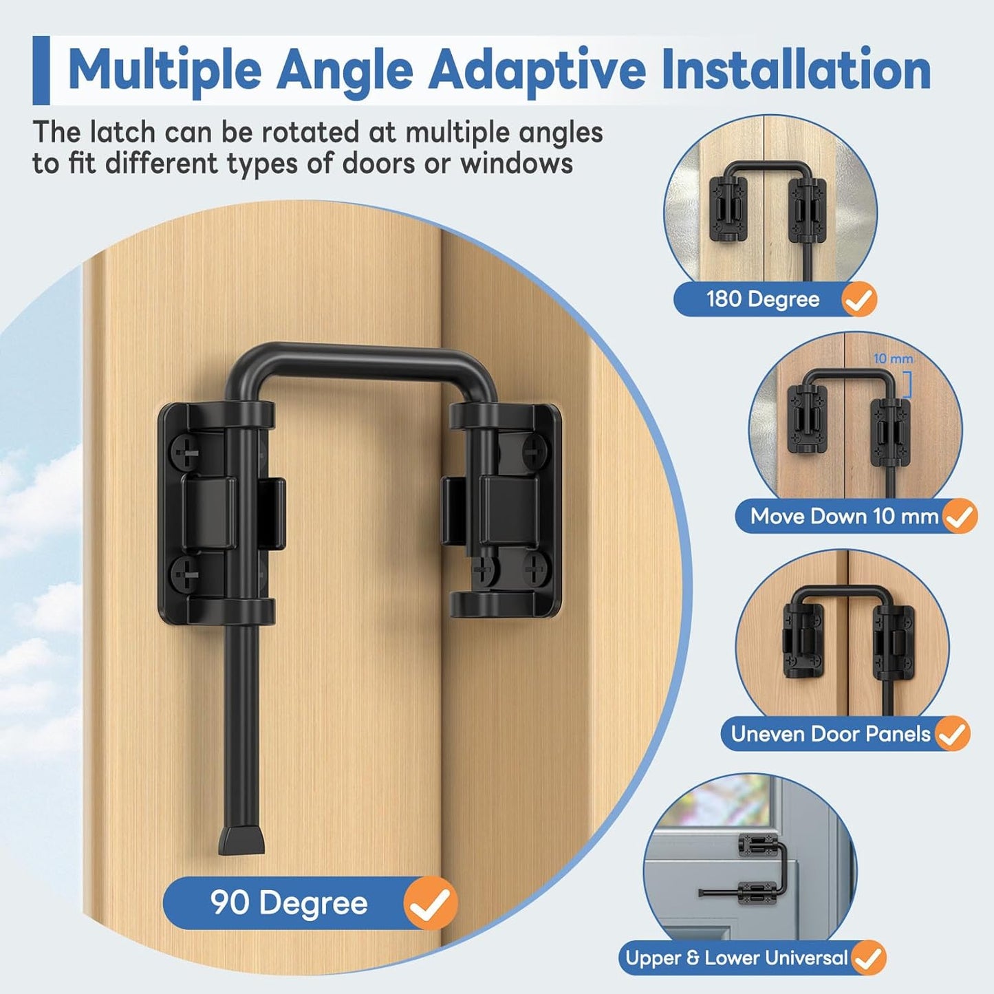 Sliding Door Loop Lock, 90/180 Degree Stainless Steel Patio Door Latch for Sliding Barn/Single/Double Opening Gate, Shed, Closet, Window, Fence - Home Security Loop Latch (Black-1PC)