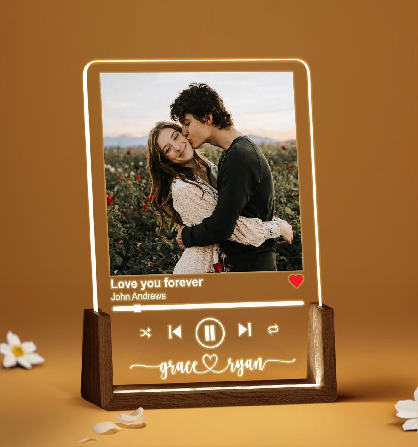 NAZENTI Personalized Couple Photo Frame with Light, Custom Picture Plaque with Stand, Couple Music Song Night Light, Gift for Him, Valentine Day Gifts for Girlfriend Boyfriend