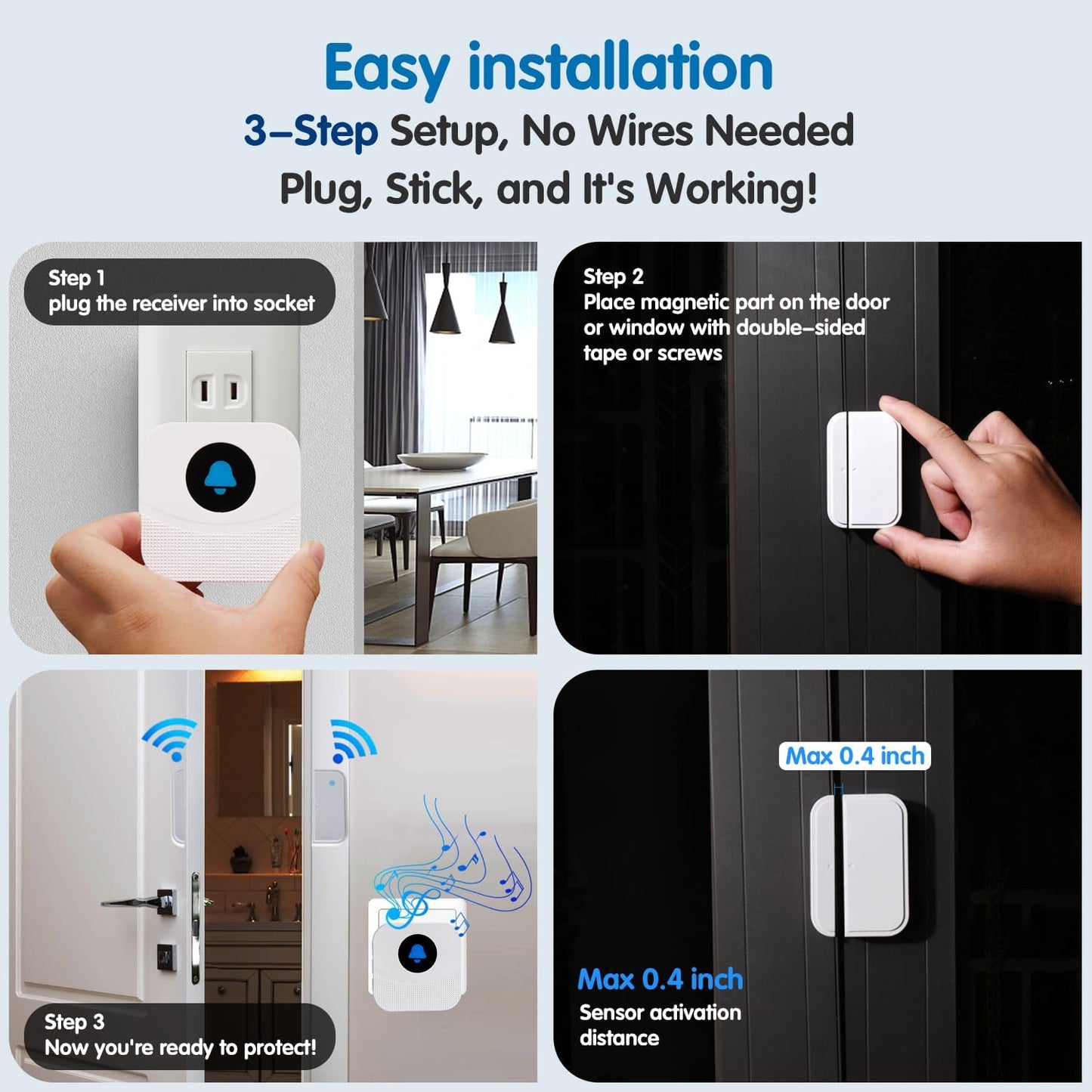 Wireless Door Chime & Window Sensor Alarm - 800Ft Long Range Door Sensor for Business and Home Security Door Chime with 55 Ringtones, 5 Volume Levels, Easy Install (1 Receiver & 2 Sensors)