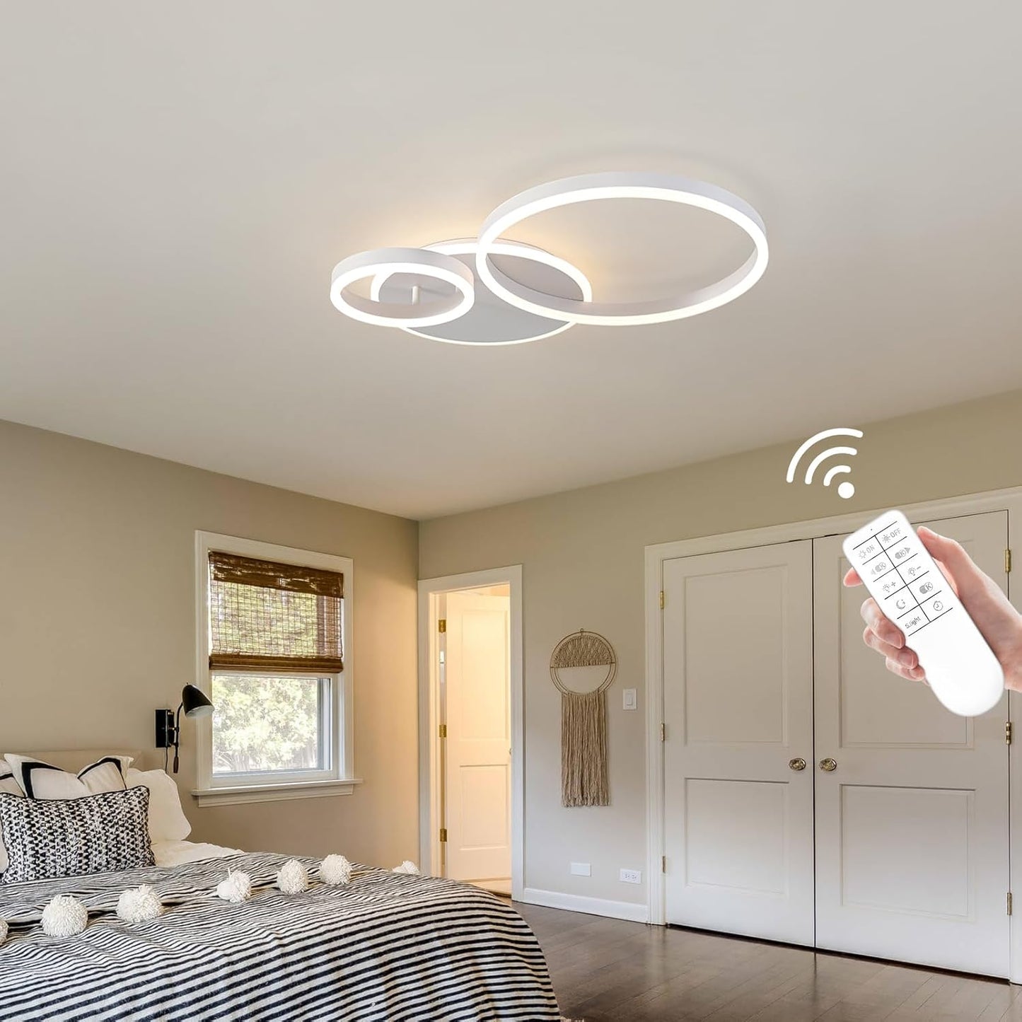 O'NEELDY Modern 3 Ring LED Chandelier Lamp Fixture White 25.59''Dimmable Acrylic Flush Mount Ceiling Lights with Remote Control Ideal for Small Room, Kitchen, Bedroom