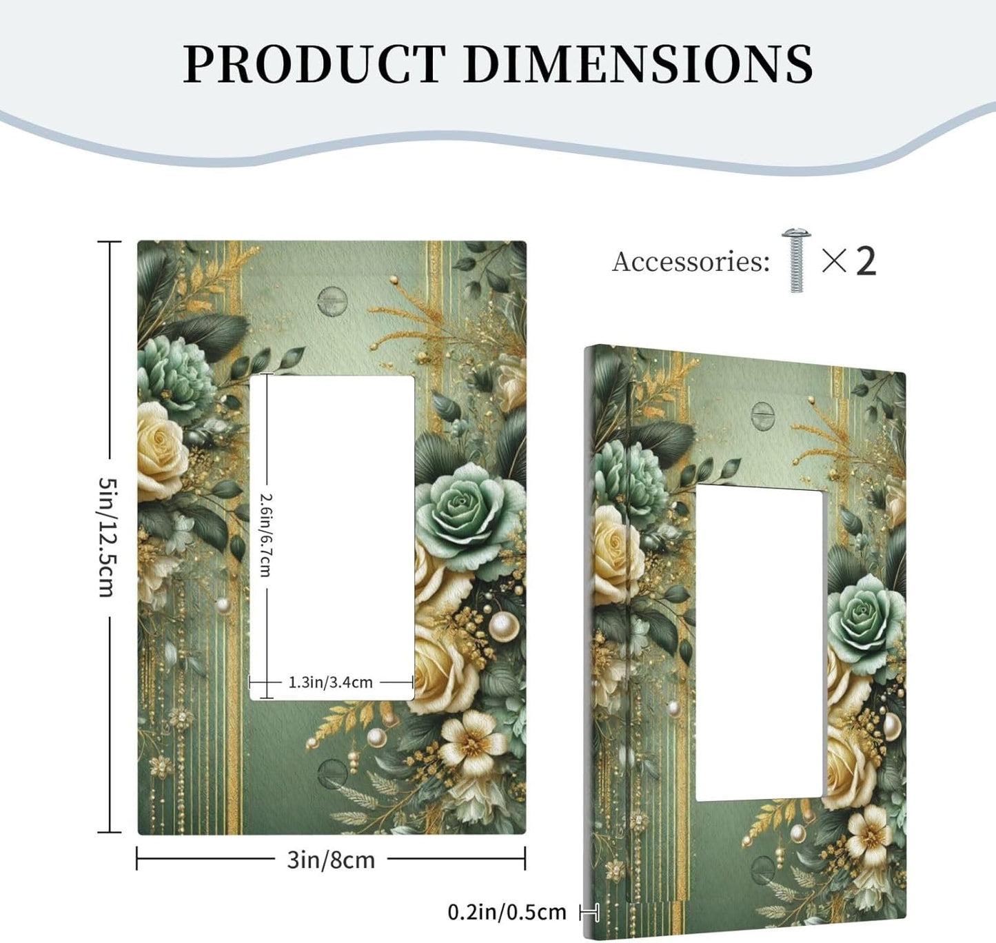 Decorative Outlet Covers Rustic Green Floral Leaves Teal Flowers Gold Stripe 1 Gang Single Decora GFCI Device Light Switch Covers Plate 1 Rocker Wall Plate Jumbo Faceplate