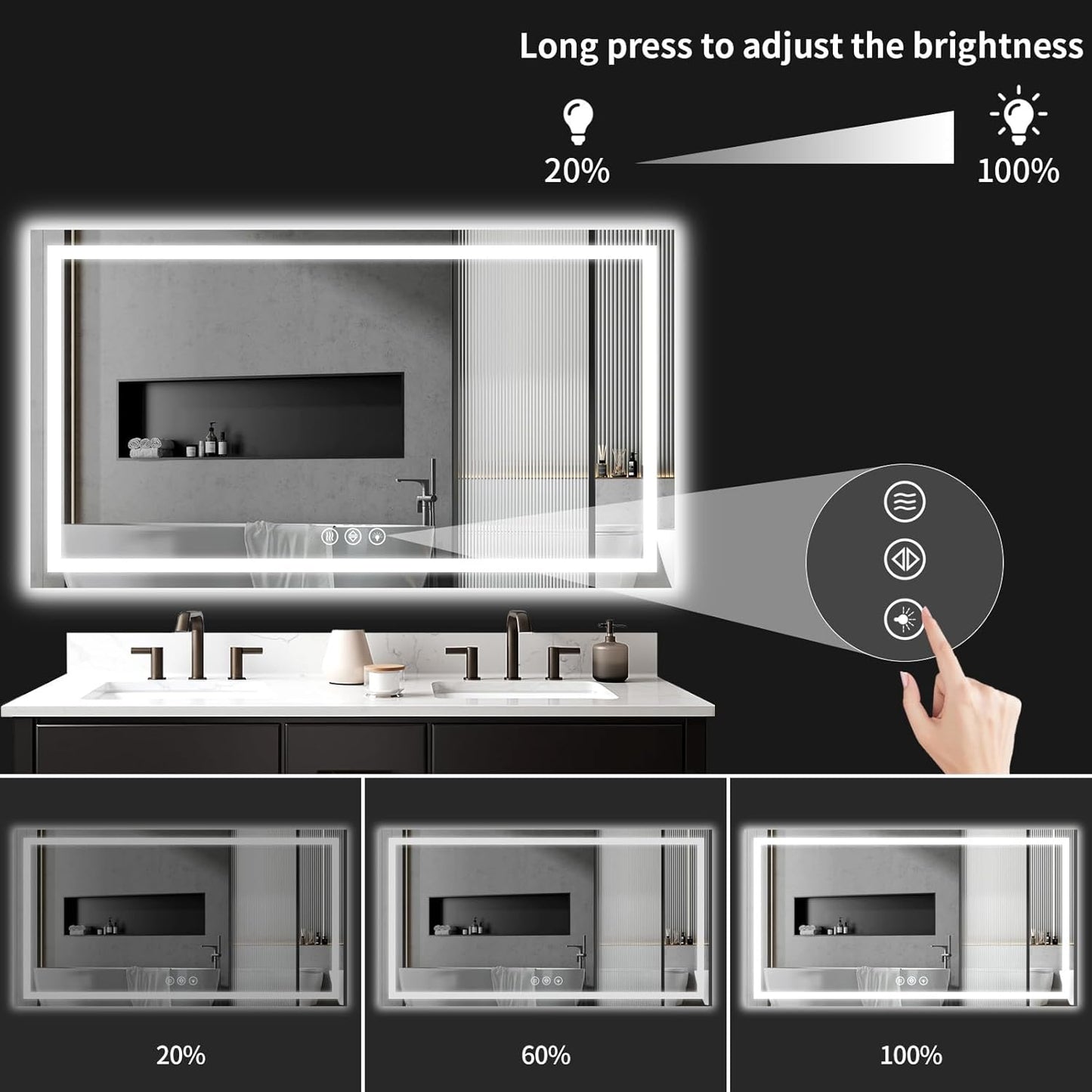 36"x72" LED Bathroom Mirror with Lights, Dimmable, Anti-Fog, Lighted Bathroom Vanity Mirror for Wall, Backlit + Front Lit, Memory Function, Shatter-Proof, Tempered Glass
