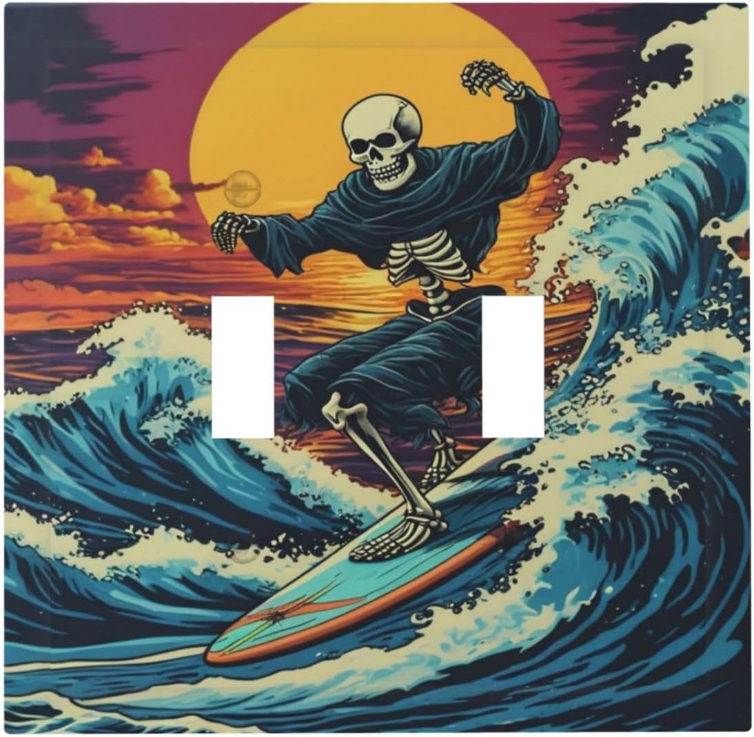 Skeleton Riding Surfboard on Wave In The Ocean Light Switch Covers Double Toggle 2 Gang Wall Plate Dual Decorative Switchplate Electrical Faceplate for Farmhouse Living Room Decor