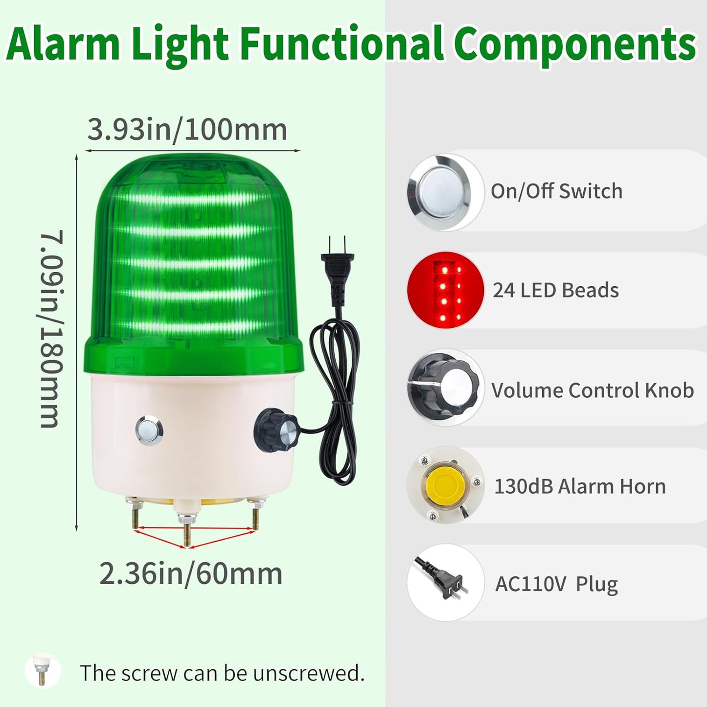 Industrial LED Rotating Warning Light, AC110V Red Strobe Light for Public Emergency Alarms, Indoor/Outdoor Safety Siren with Volume Adjustment/Plug and Buzzer (Green PRO(0-130dB,AC110V))