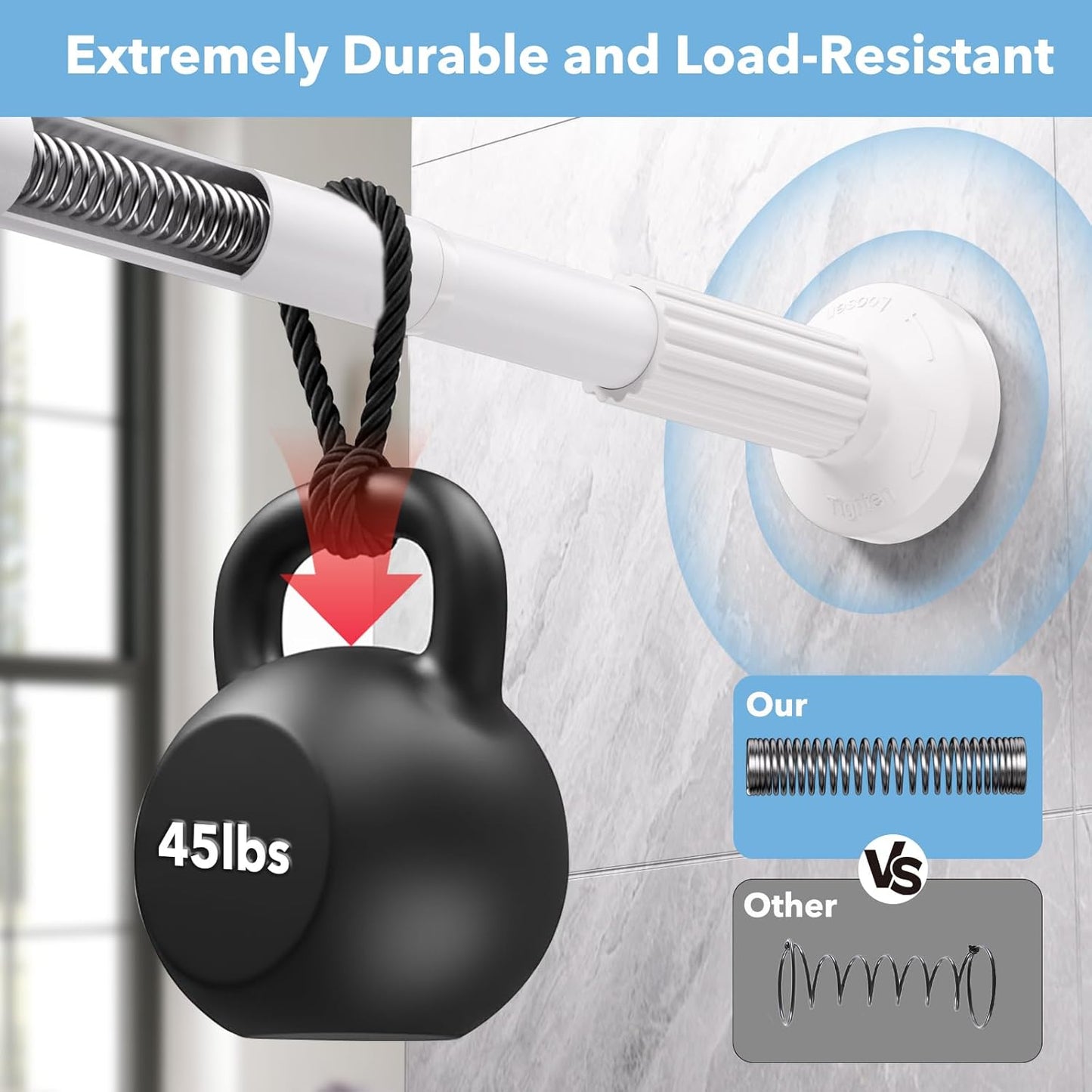 Tension Curtain Rod 51–168 In (4.25–14 ft),Extra Long Outdoor Curtain Rod for Window or Bathroom Patio,Easy to Install No Drilling Never Rust,Heavy Duty Adjustable Spring Shower Rod