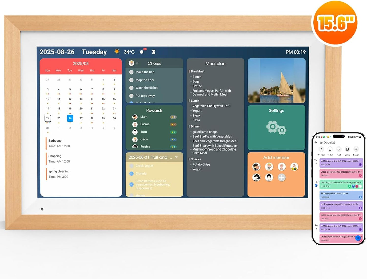 Digital Calendar 15.6" Digital Calendar&Chore Chart - 1080P Interactive Touchscreen Electronic Calendar for Family Schedules, 64GB WiFi Smart Organizer, Wall/Desk Mountable, 2025 Calendar-Wooden