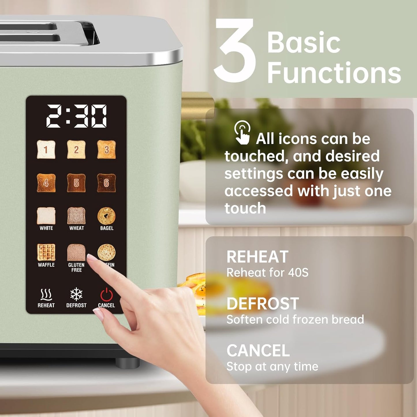SEEDEEM Toaster 2 Slice, Touch Control Screen, Smart Stainless Toaster, 6 Shade Setting, 6 Bread Selection, Countdown, Removable Crumb Tray, 900W, Mint Green