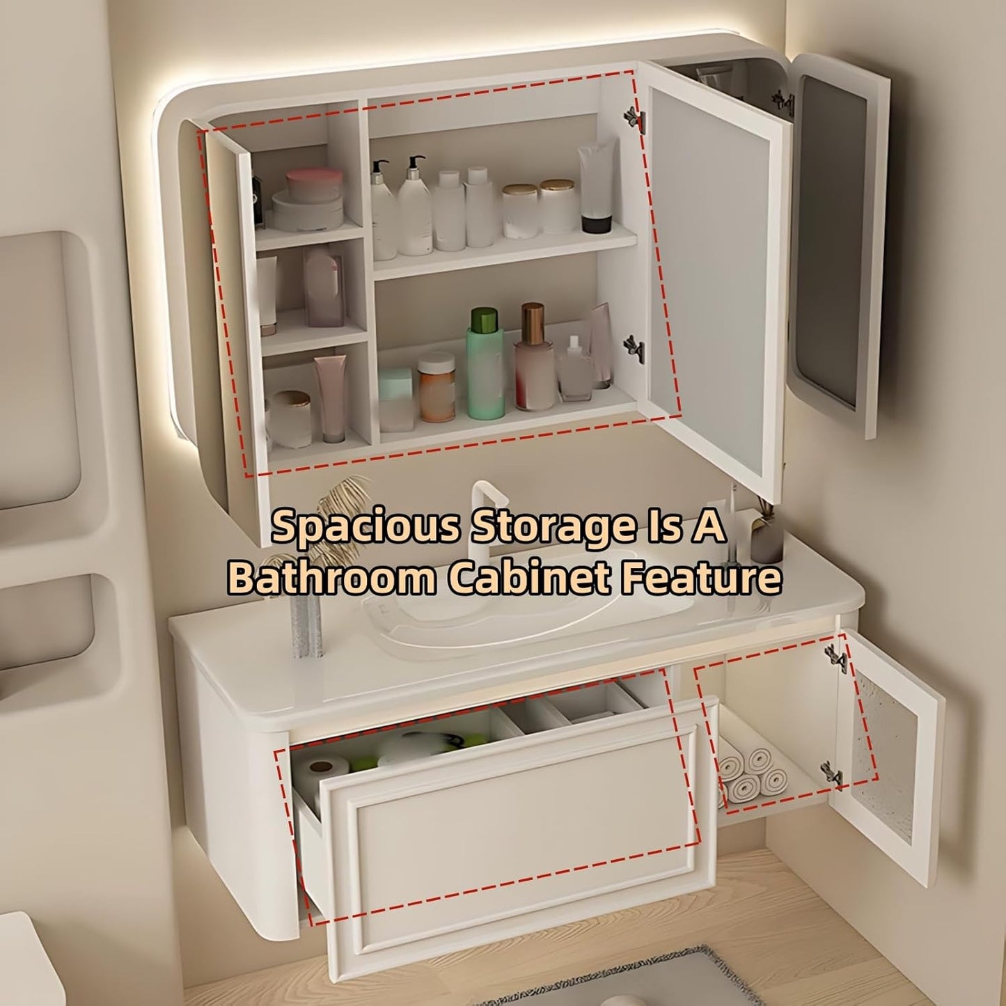 68IN Wall Mounted Bathroom Vanity Set - Wood Bathroom Vanities has Tissue Hole Design | Includes Smart Defogging Mirror Cabinet & Time Display, Rounded Corners, Glass Cabinet Doors (Style B)