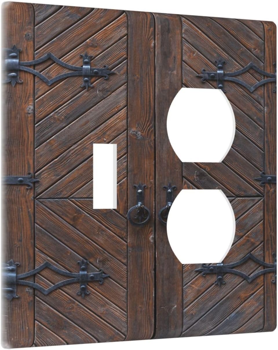 Decorative Outlet Covers Vintage Brown Wood Barn Door 2 Gang Wall Plate Single Toggle Duplex Light Switch Cover Switch Plate Covers for Farmhouse Bedroom Home Decor